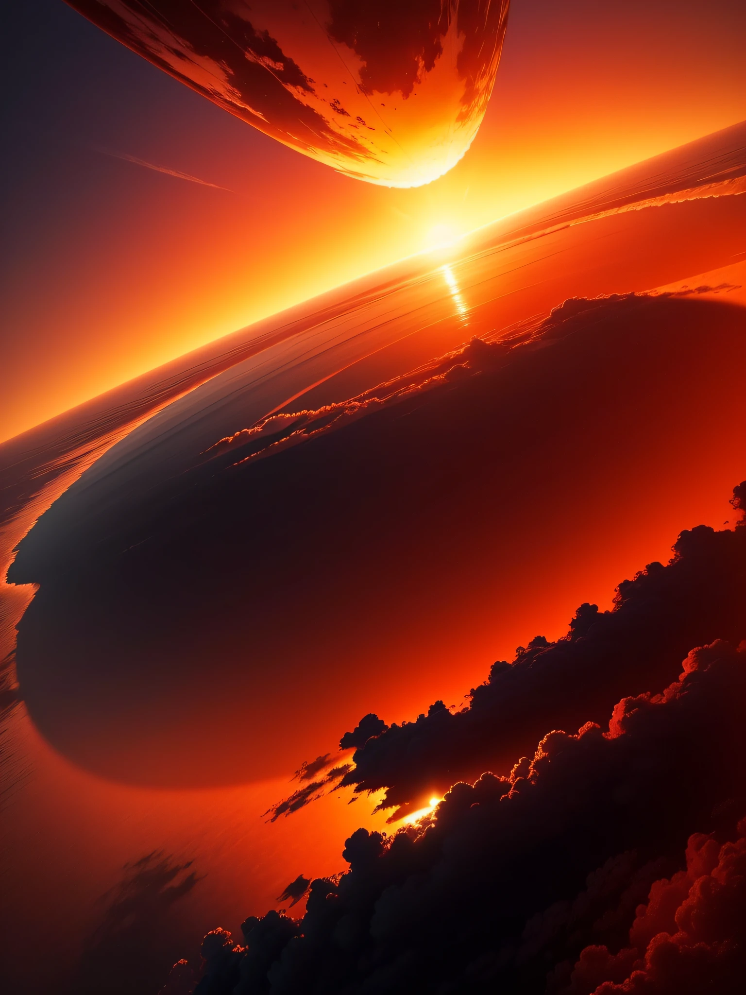 A round of sunset, huge sun, the sun is particularly large, especially clear, red, golden, hanging in the air, radiant, sea of clouds, real, beautiful, spectacular. The magnificent panorama is rendered in 3D, and as opposed to the setting sun, is a beautiful sea of clouds.