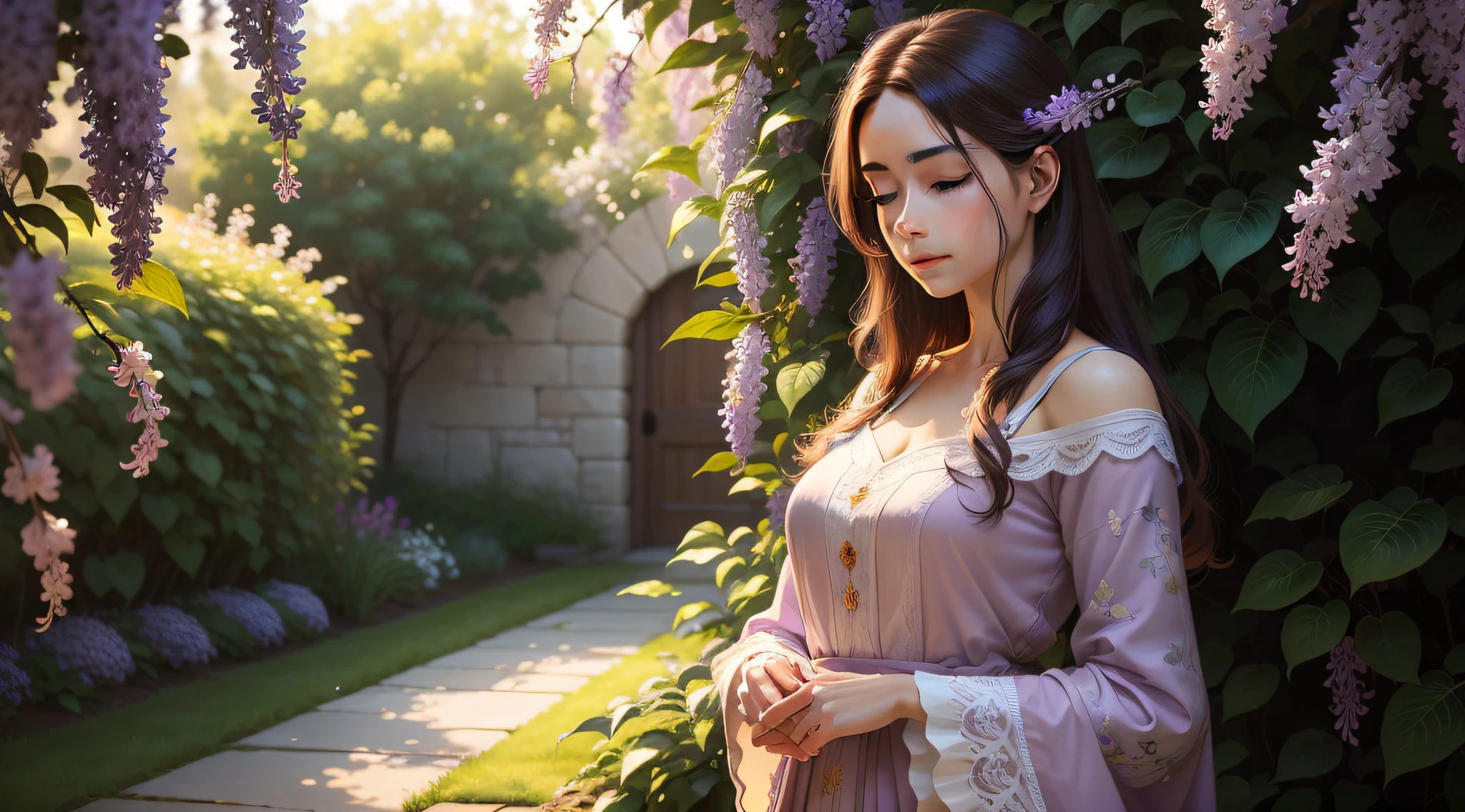 (a beautiful lilac bush),medium:oil painting,detailed leaves,fragrant flowers,colorful blossoms,delicate petals,shades of purple and lavender,tall and bushy branches,soft sunlight filtering through the leaves,gentle breeze rustling the foliage,subtle scent filling the air,a peaceful garden backdrop,highres,realistic lighting,vibrant colors,medium brush strokes,subtle texture,photorealistic,calm and serene atmosphere,meticulously painted details