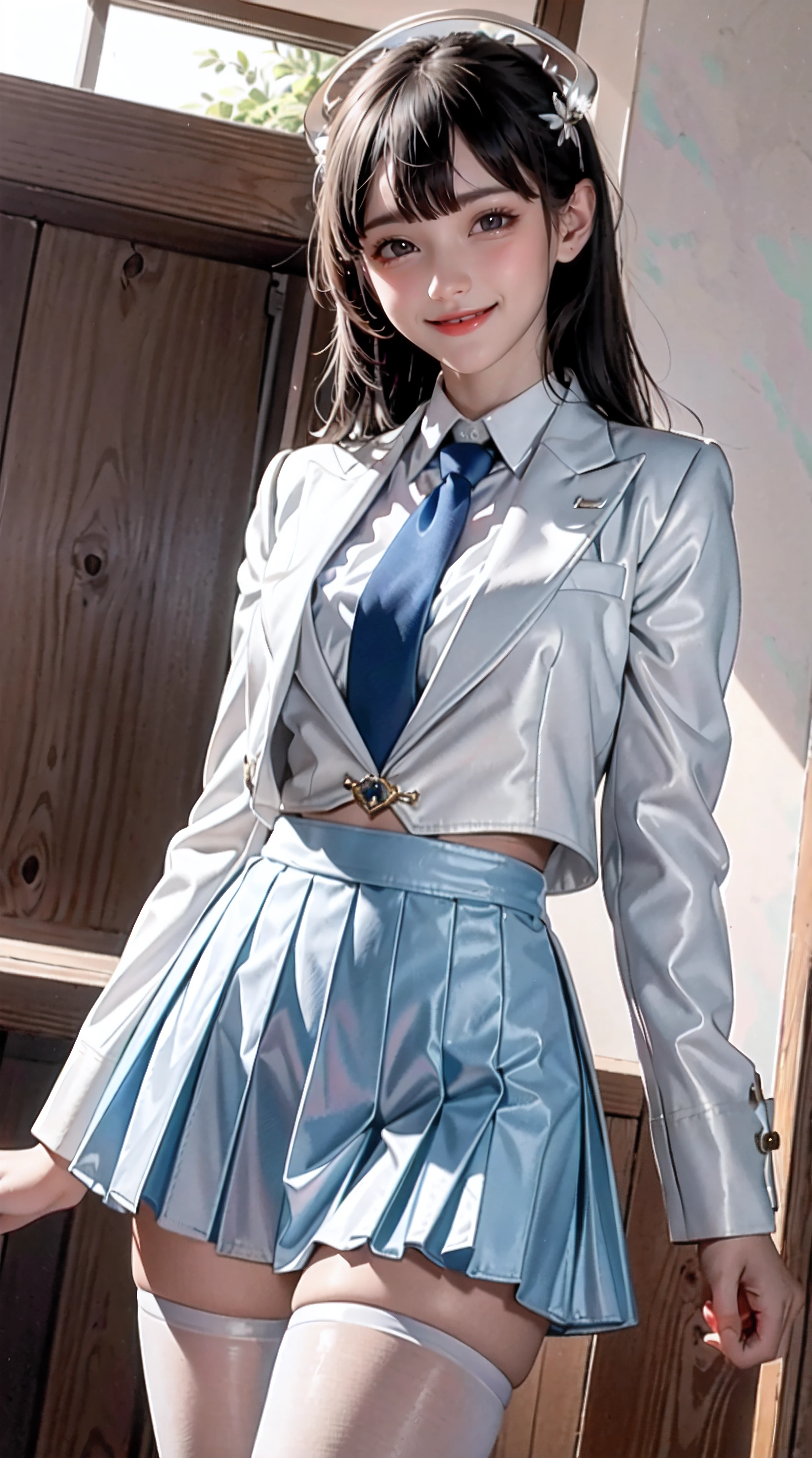 Masterpiece, Best quality, Ultra-detailed, 1girll, aris, White jacket, White shirt, a blue tie, Pleated skirt, Halo, Indoors, Smile