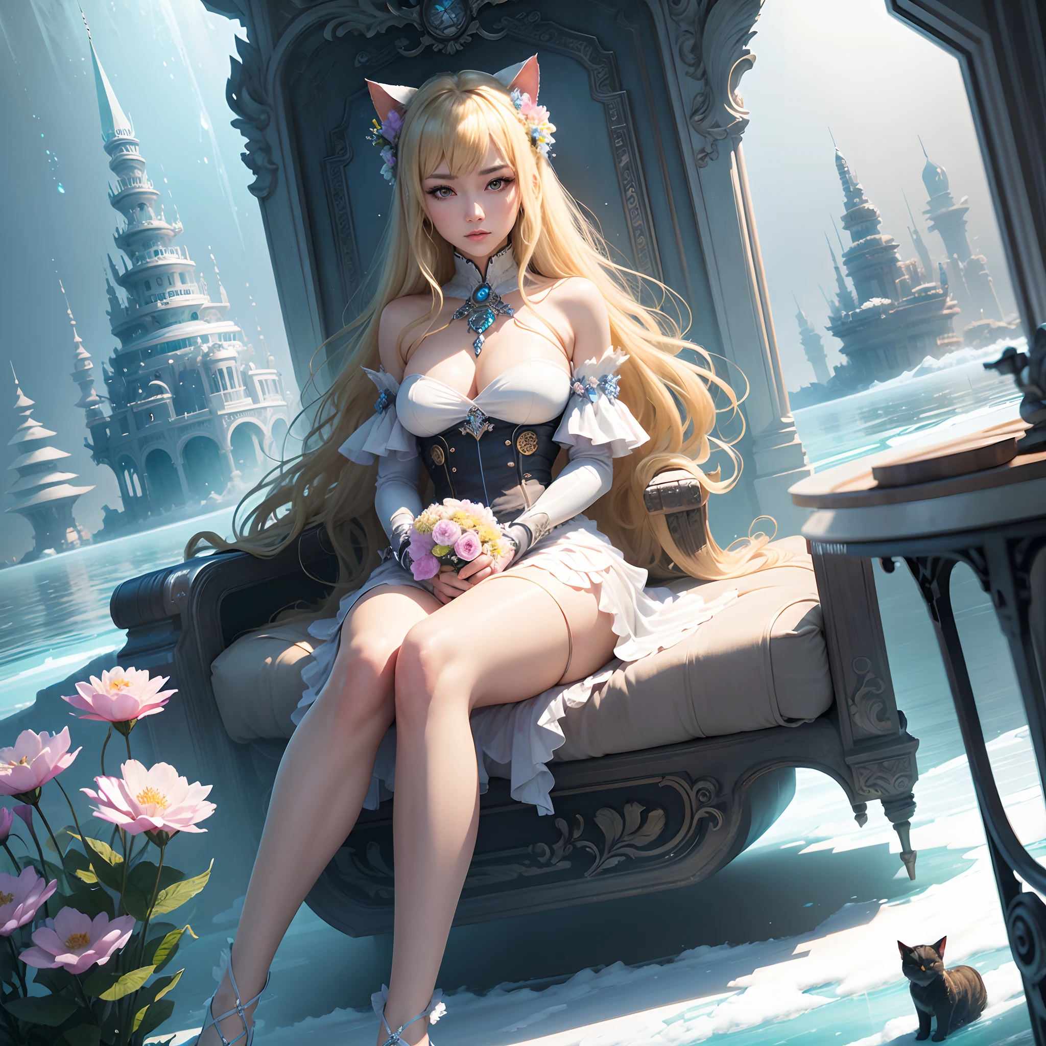 One bewildering woman、Cat's eyes、Attractive blonde、calm atmosphere、Sitting on a chair、Mechanized limbs、Surrounded by beautiful flowers、Ice Palace、Island floating in the air々、A highly detailed、the panorama
