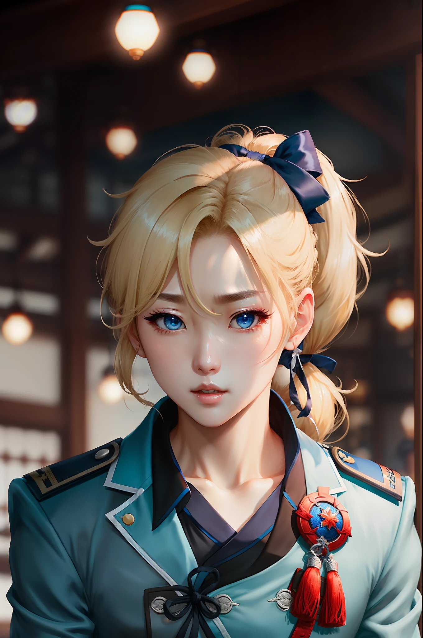 Captain Jin in the social game Genshin(Blonde ponytail、a black ribbon、Blue-eyed woman)(spats、Clothes with open chest