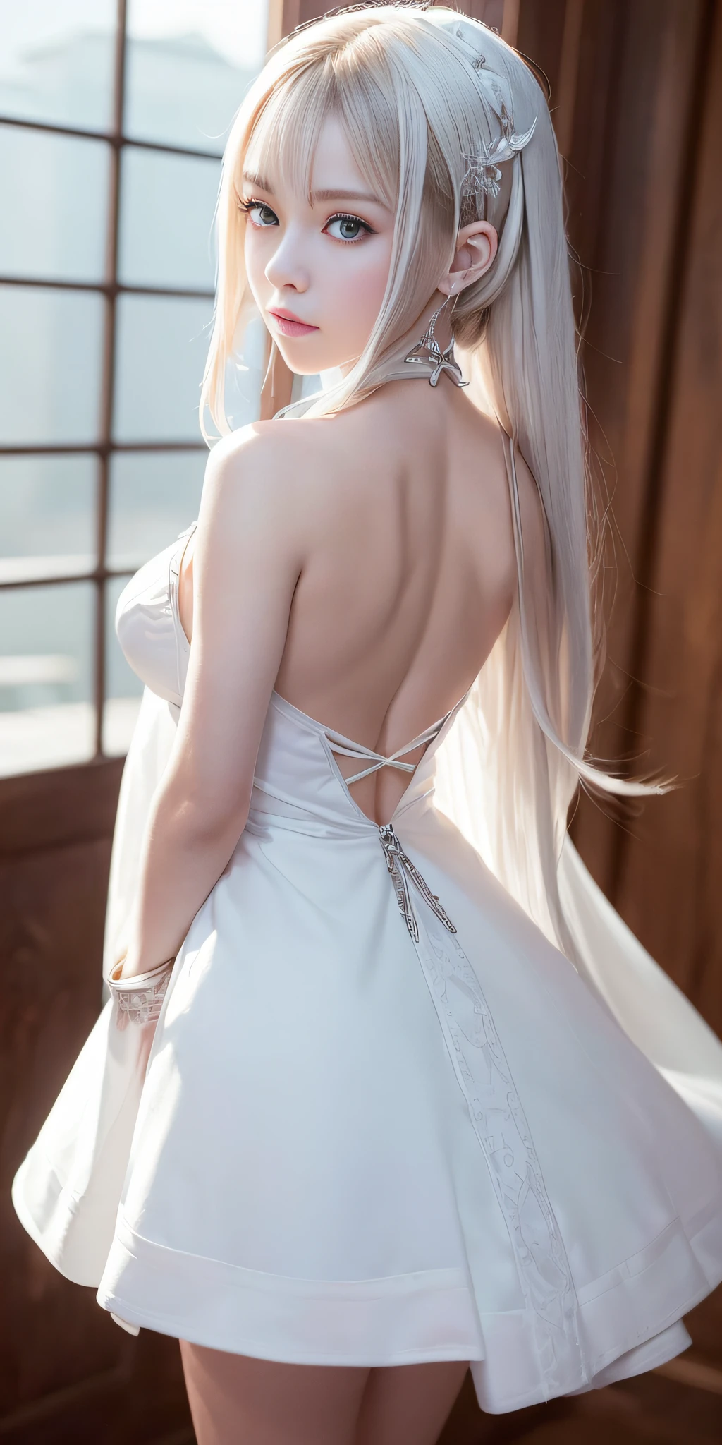 ((Woman Standing On Balcony Of Old Castle))、((Rear view))、((look back)),Highest quality works、actual work、Ultra Premium Graphics、8K HD CG Works、High quality graphics、High-definition CG works、10x pixels、Ultra-fine detail:1. 1、High technical level:1.1 PhotoGenuine、Natural light:1. 5、Light effects(Virtual Light effects:1.8)、((Straight Van、Princess Van))、((Very heavy、Volume Bang:1.1)、((very long、Very heavy、Very voluminous side locks:1. 1)、Hime cut、Straight bangs、Bangs straight、(masterpiece、Highest quality:1.5)、(ultra detailed 8k cg:1.4)、(超Realistic:1.25)、(Genuine:1.1. 4)、((Golden white hair))、Thin eyebrows、High nose、Nice red lips、Rosy Cheeks、Delicate makeup face、Cute Face、Perfectly balanced face、()、Light-colored foundations enhance the clarity of your skin..。 ((An off-the-shoulder semi-transparent white floral dressy skirt fluttering in the wind))、 ((You can see her white panties)), 40k、photograph、、Highest quality、(1. Beautiful Eyes、Light Hair、White skin、Mr.. Escape.々Pause、((Mid-chest、:1.1))、Highest quality、Tabletop、Ultra-high resolution、(Genuine:1.4)、RAWphotograph、(Perfect figure)、(slim、:1.3)。 3)、slimな腹部、that&#39;s all(Girl standing on the balcony of an old castle),((バストアップphotograph)),((masterpiece:1.5、8k、Portraiture、フォトリアリスティックでVery detailedなCG、Very detailed、Particle Effects、Dynamic Effects、Written boundary depth、Cinematic Light、Lens flare、Ray Tracing、Tabletop、Realistic:1.4、Ultra-high resolution:1.2、Realistic、Realistic,((alone）、(A woman wearing a semi-transparent white turtleneck dress:1.4)、モデル風のPause:、Side bust、(Medium sized breasts)、Detailed face、Bright expression、young, Brighter, よりWhite skin、Best Looks、Ultimate beauty、White hair with shiny highlights:1.8、bright and shiny hair,、Super long, Silky straight hair、Hair swaying in the wind))(Wonderful transparent flower々Surrounded by、White Background、Great background、Thin petals fluttering down)、(The Milky Way is visible in the background)