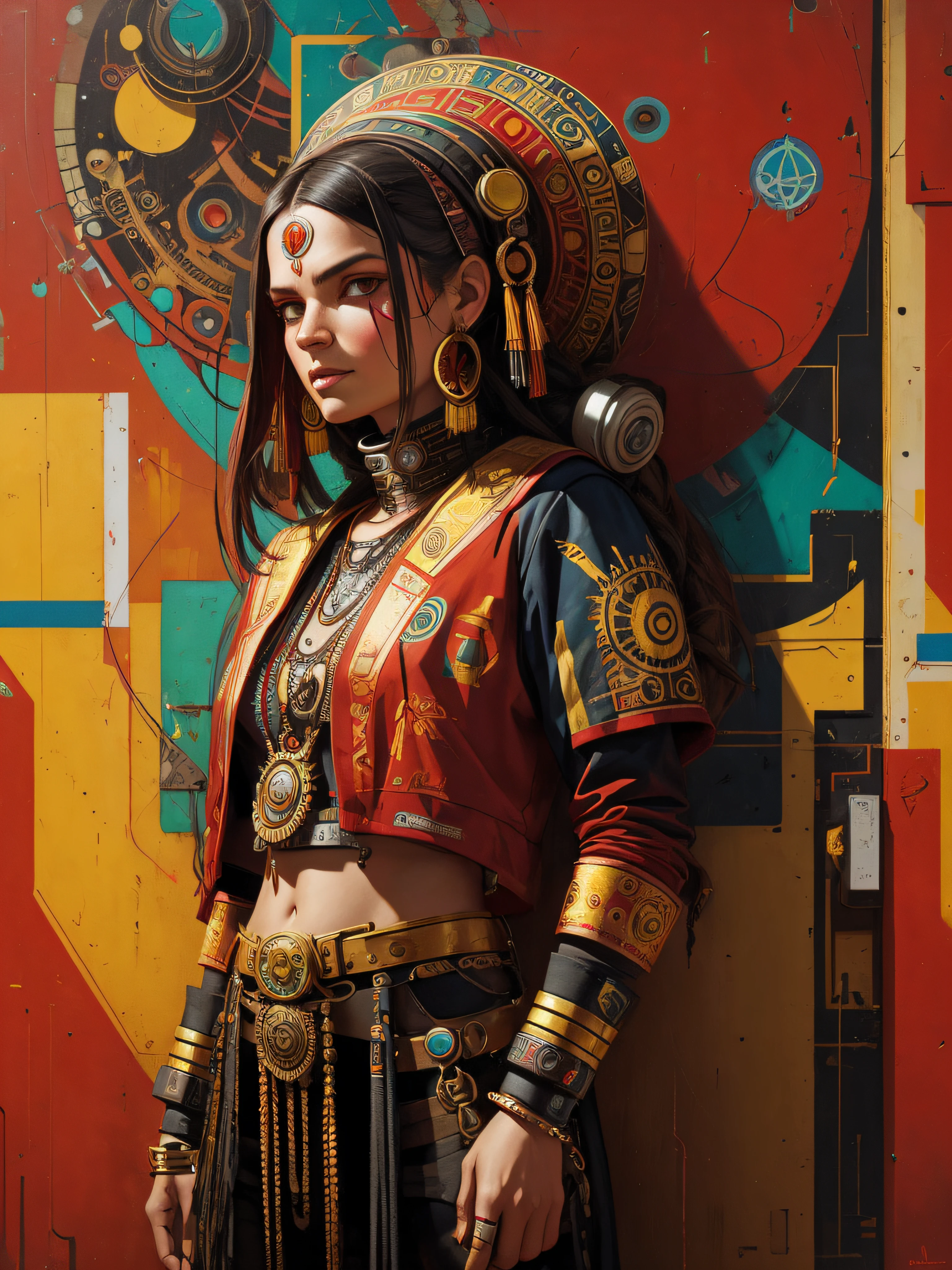 In the style of cyberpunk futurism, Inca influence, etam cru, RED and gold, michael creese, steelpunk, michael hussar, Inca wall backgrond