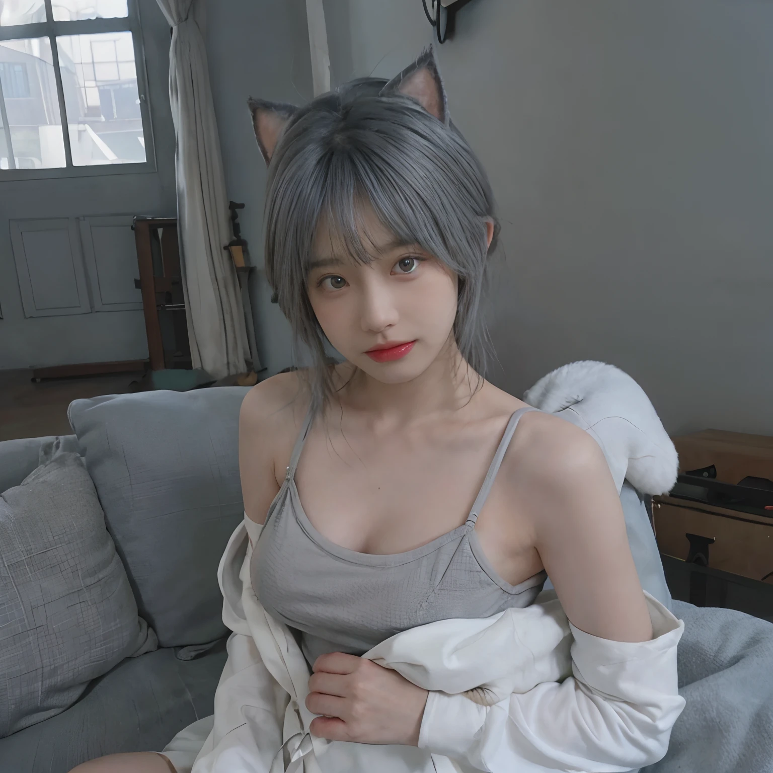 8K,((NSFW))、(Sexy poses collection)、((in one's underwear only))、(((Gray hair color))) 、undersized head、Best Quality, masutepiece, Ultra High Resolution, (Realism: 1.4), Original photo, (True skin texture: 1.3), (Film grain: 1.3), Beautiful eyes and face details, masutepiece, Best Quality, close up, Full body, Look at the viewer,Orange ribbon、short-cut、18year old、gray cat ears