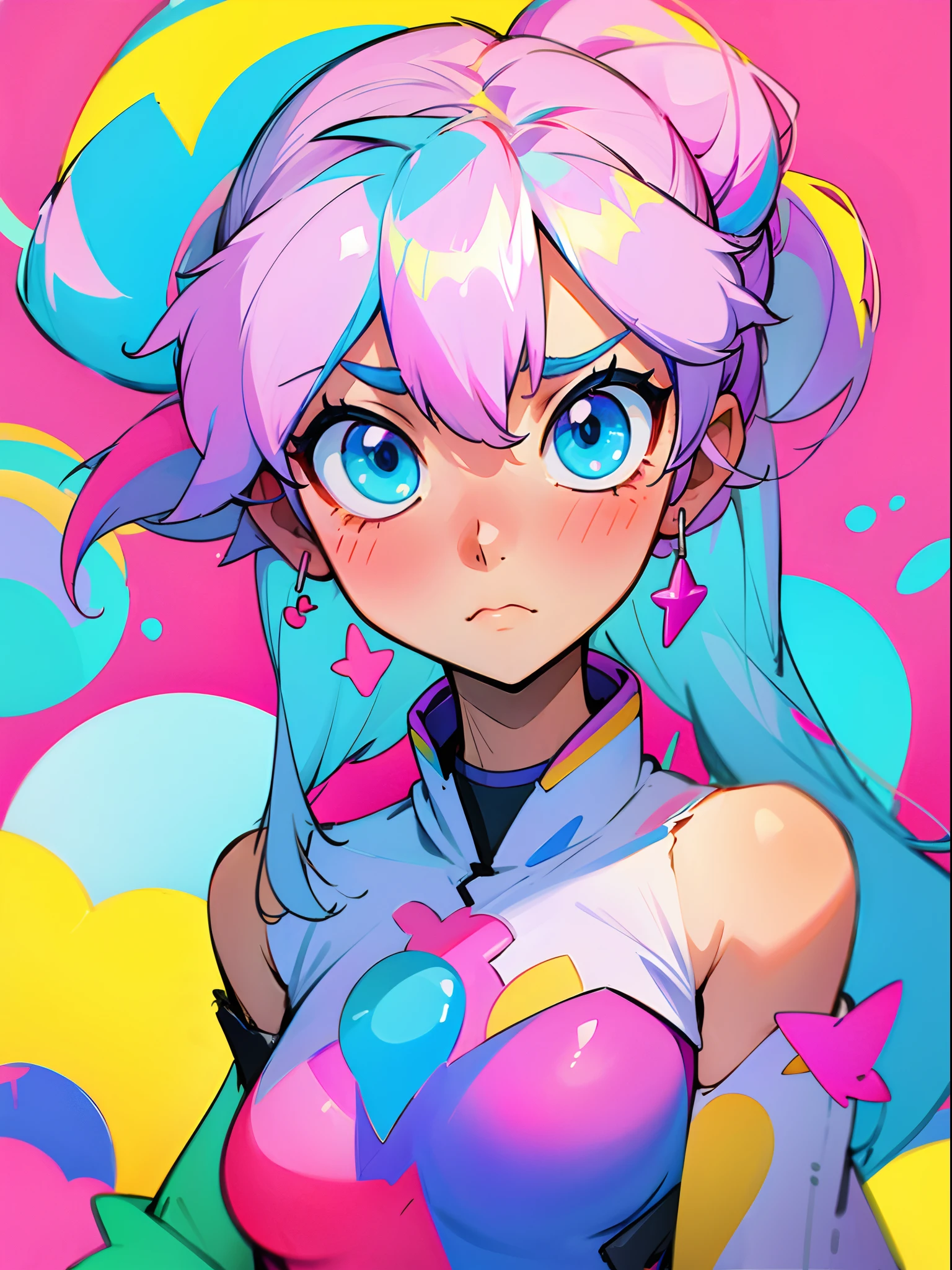 glowart: 1.0), (bright, sketch, drawing: 1.0), 1girl, bangs, red eyes bright relucent light in hair, blush, collarbone, hair between eyes, long hair, looking at viewer, bra, open mouth, pink hair, portrait, shiny, shiny hair, side ponytail,