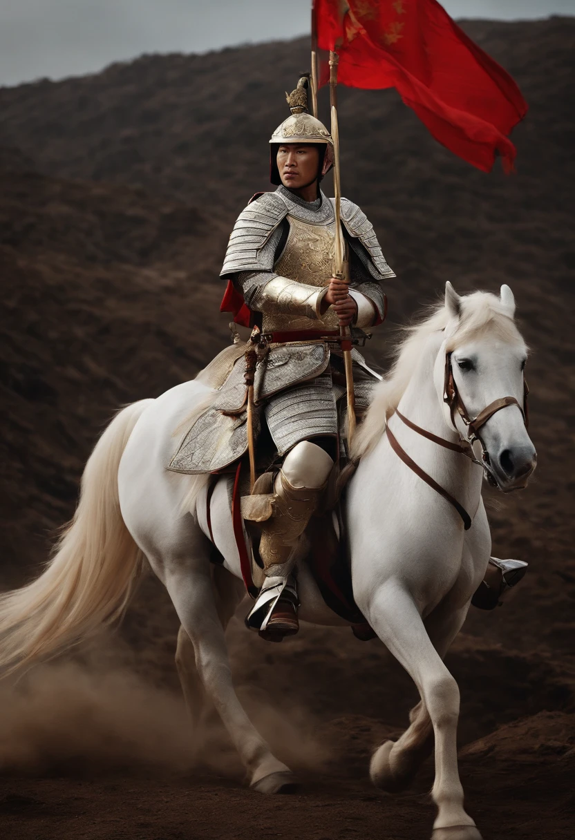 General Zhao Yunyang in white robe, white helmet, White armor, White horse, spear, Hilly area, 100,000 enemy troops surrounded from a distance, Blood stains, Wolf smoke, Golden Iron Horse