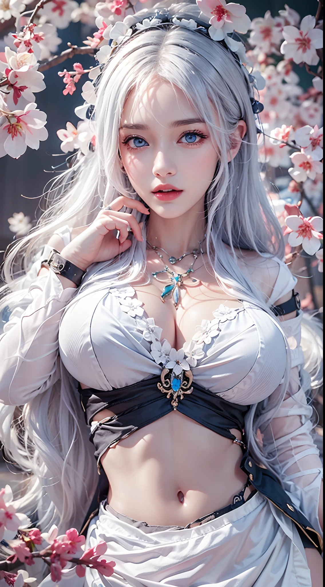 photorealistic, high resolution, soft lights, 1women, solo, hips up, blue eyes, white hair, long hair, maid costume, hips up, jewelry, tattoo, cherry blossom