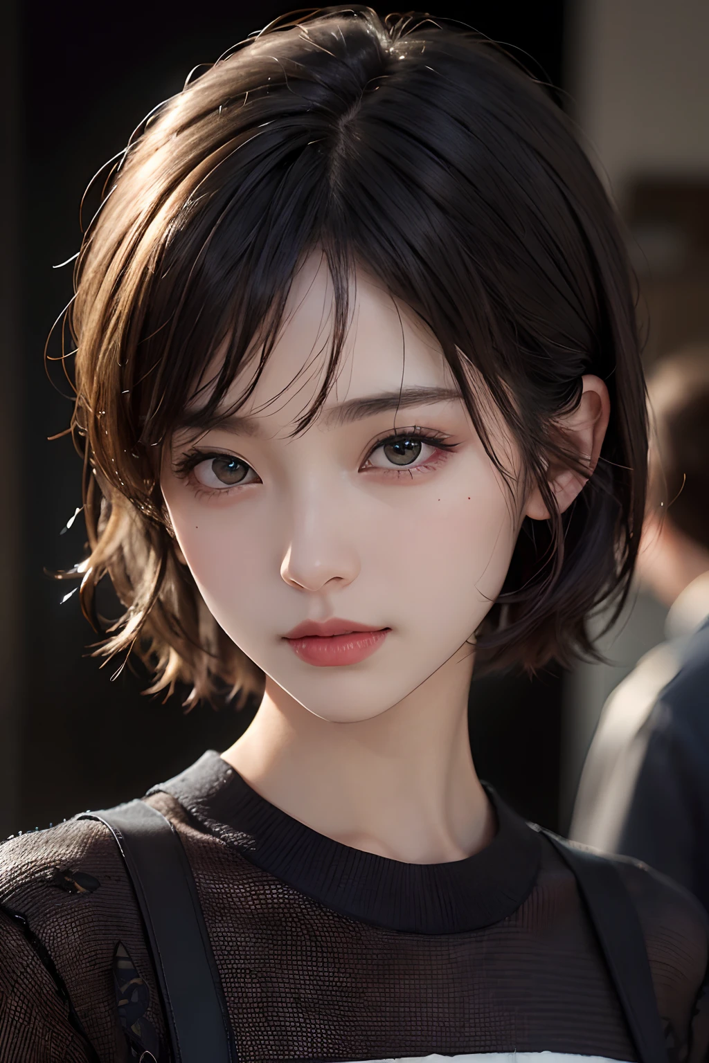 (masuter piece:1.3)、(8k、Photorealsitic、RAW Photography、top-quality: 1.4)、(1girl)、beautiful countenance、(lifelike face)、(A dark-haired、short-hair:1.3)、
Beautiful hairstyle、realisticeyes、Beautiful details、（real looking skin）、Beautiful skins、（Sweaters）、absurderes、enticing、超A high resolution、A hyper-realistic、high-detail、the golden ratio