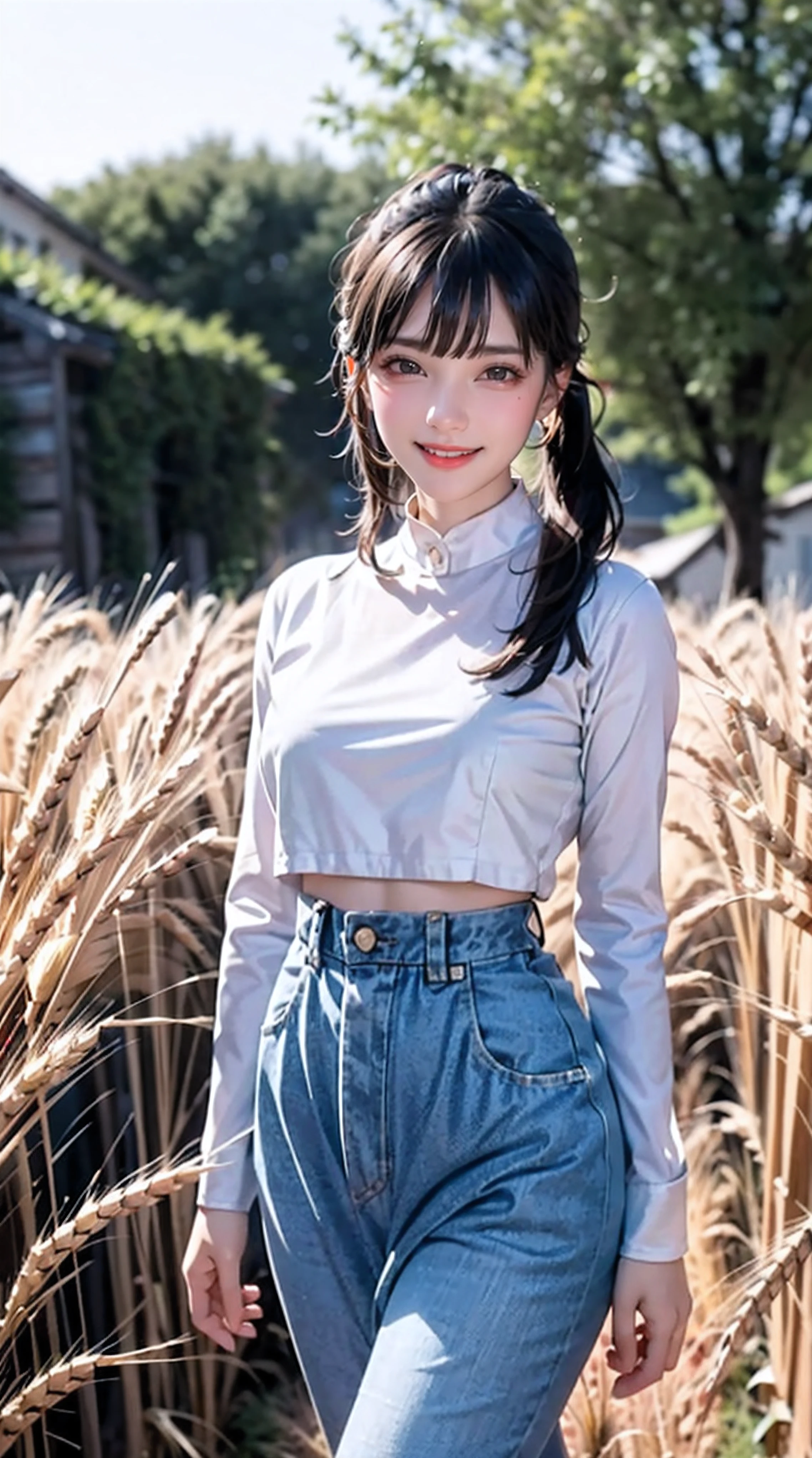 Korean woman, (Masterpiece, Beautiful people, Contaminated smile), Virtual Youku, Farm work in the countryside, (are present (Cut the wheat: 1.4)), fertilize, Weeding, plain face, No makeup, Country Girl, pony tails, Detailed skin texture, Detailed cloth texture, finerly detailed face. Masterpiece, Slim waist, Slim body.