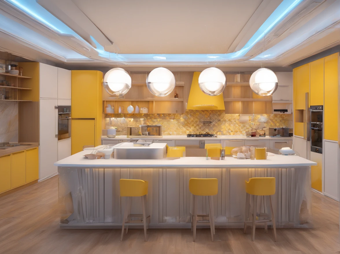 Background with:(space,sea of stars)IvoryGoldAI:coffee machines,rice cooker,Electric kettle,Computer),mistic,Strong sense of technology,The details of the device are clear and complete,The composition is detailed,