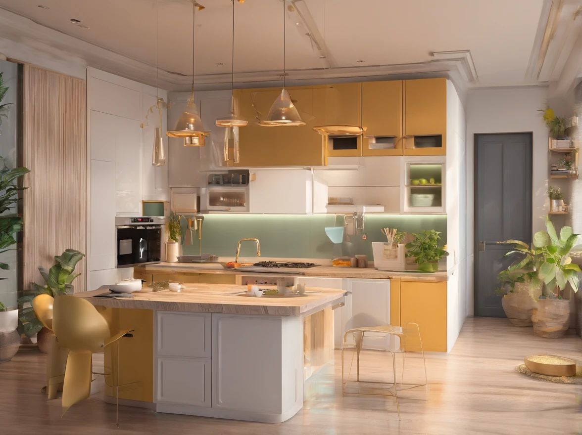 Background with:(space,sea of stars)IvoryGoldAI:coffee machines,rice cooker,Electric kettle,Computer),mistic,Strong sense of technology,The details of the device are clear and complete,The composition is detailed,