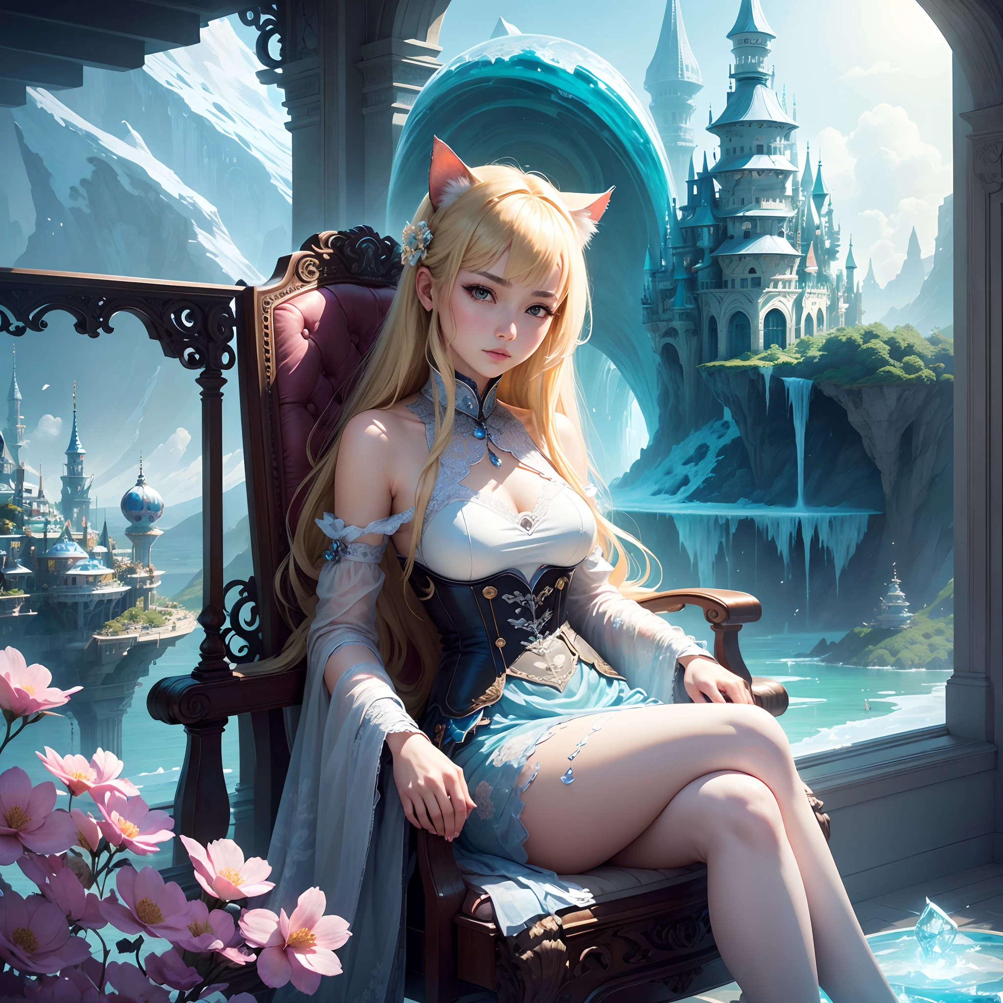 One bewildering woman、Cat's eyes、Attractive blonde、calm atmosphere、Sitting on a chair、Mechanized limbs、Surrounded by beautiful flowers、Ice Palace、Island floating in the air々、A highly detailed、the panorama