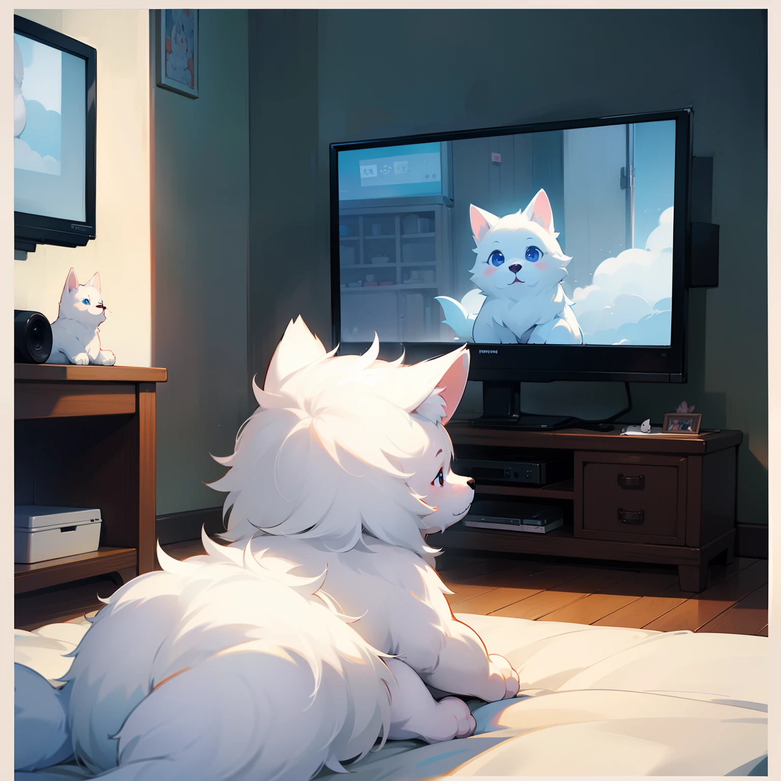 Puppy watching TV、blanche、fluffly、White puppy happily watching TV、Turning around、