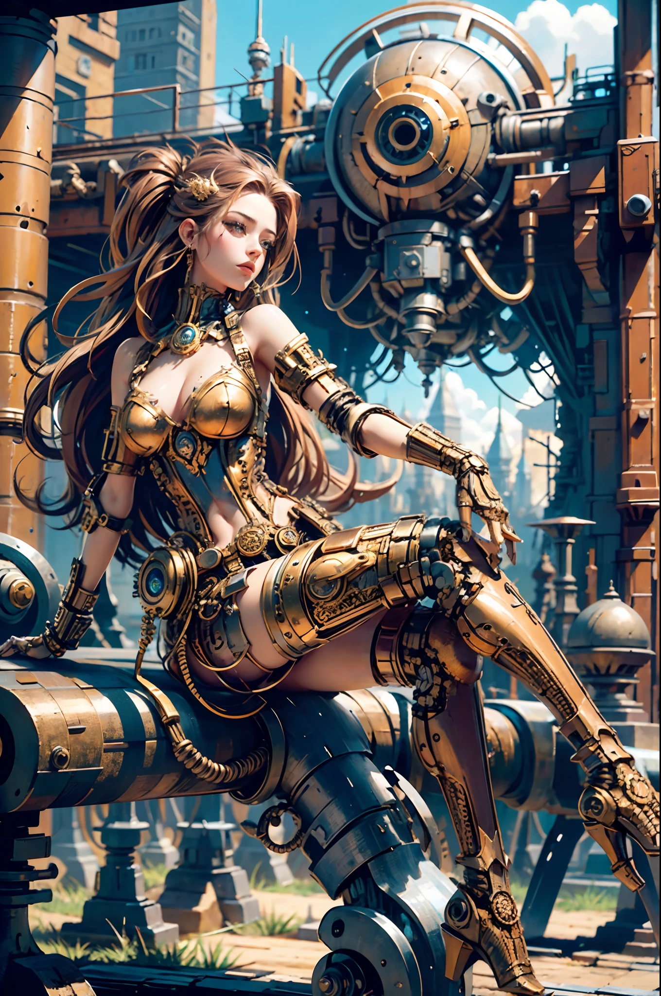 meccog, full shot, full body, Best quality, masterpiece, ultra high res, (photorealistic:1.4), absurdres,cinema lighting, (a best long shot photo of a mechanical girl),(koh_amberheard:0.9), insanely detailed face, fantasy scifi creature, hyper realistic, steampunk, intricate design, insanely detailed, fine details,