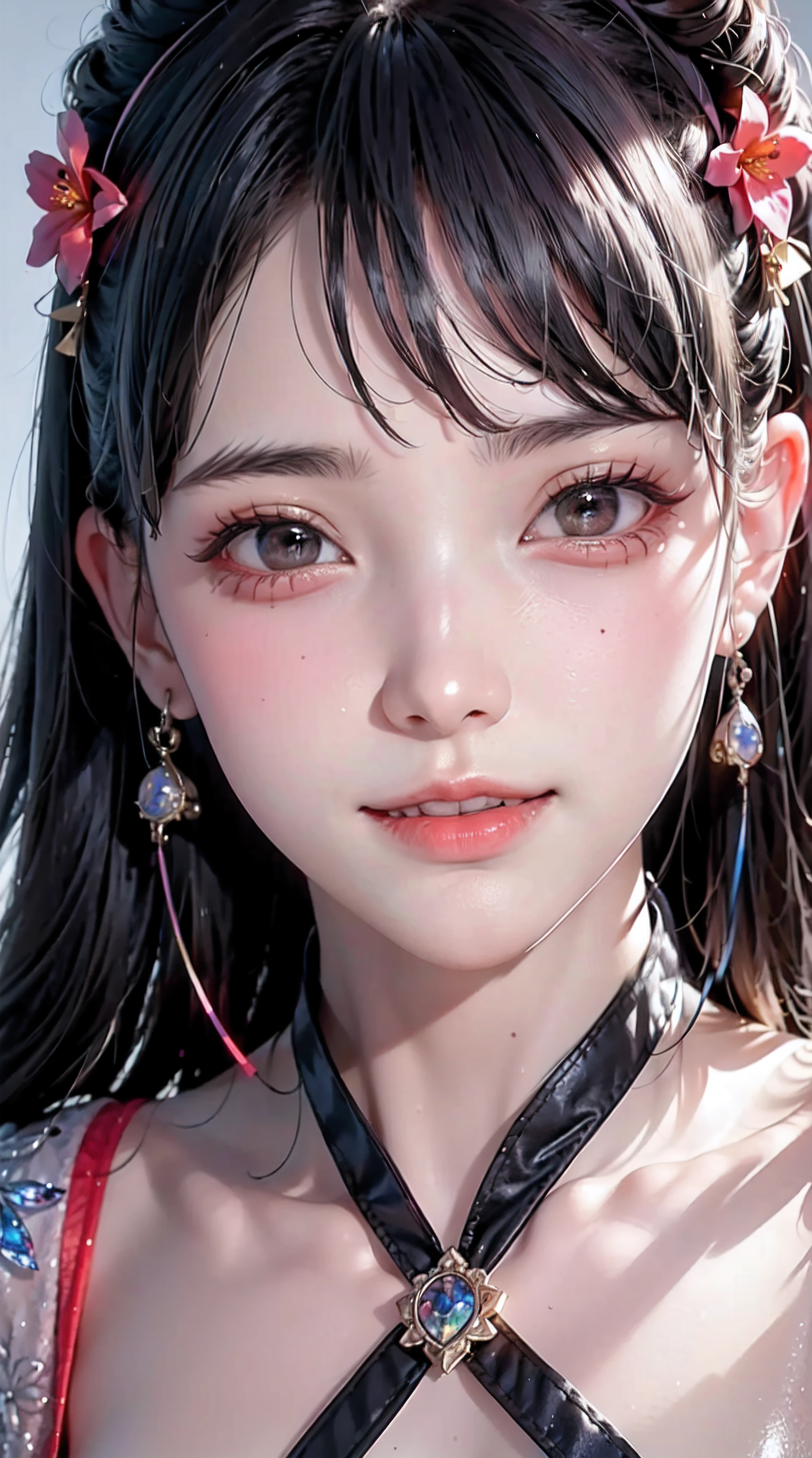 Chinese woman, facial closeups, A towering female figure made of ribbons, Smoke, In the sky, Colorful and bright, mystical colors, Modern Impressionism, Portrait by Cheng Yanjun, iridescent painting, 3/4 perspective view, Cute face, Low angle, Wide swirling composition, large beautiful crystal eyes, big irises, hyper HD, hdr, 8K, (Masterpiece: 1. 5), (most beautiful portrait in the world: 1.5)
