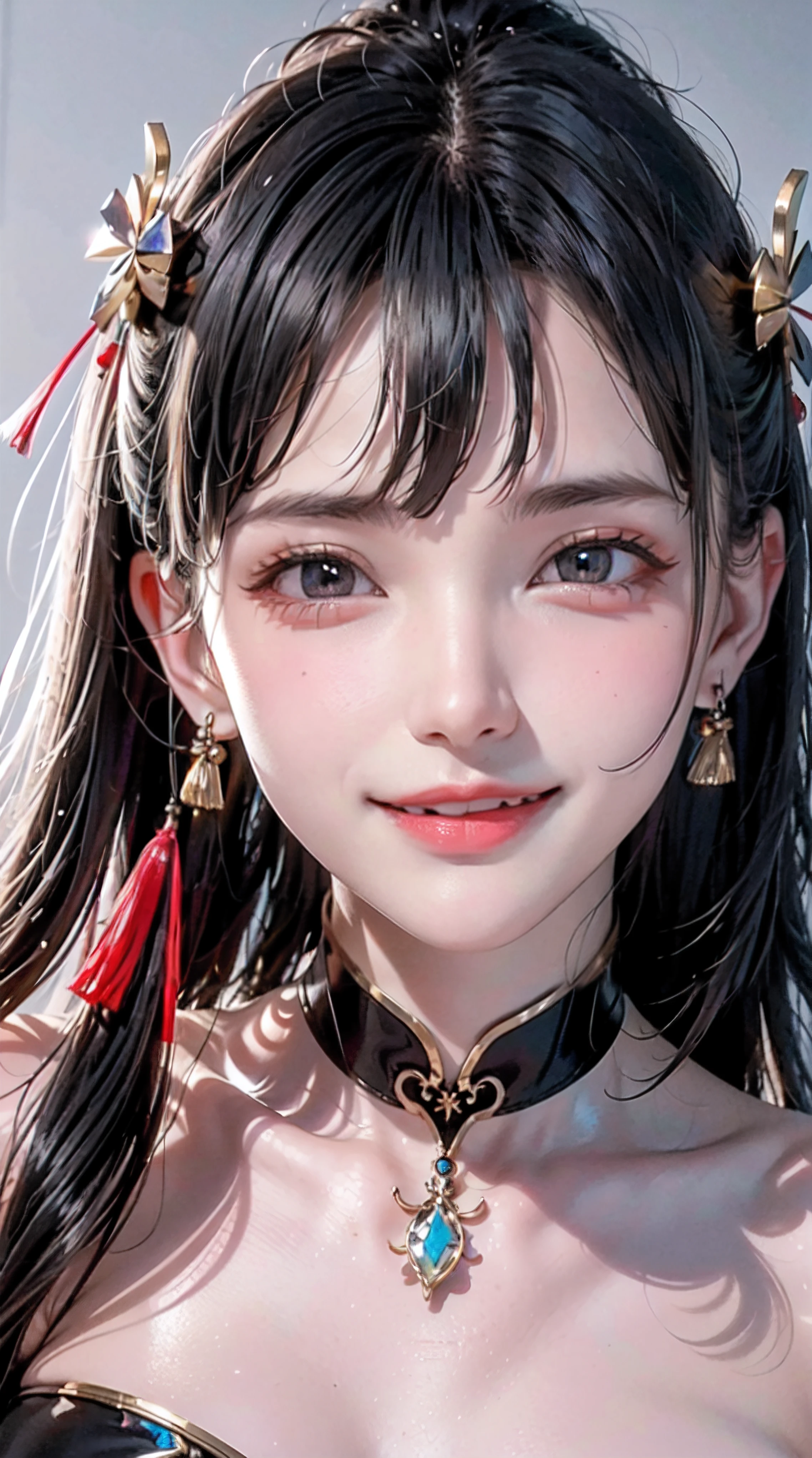 Chinese woman, facial closeups, A towering female figure made of ribbons, Smoke, In the sky, Colorful and bright, mystical colors, Modern Impressionism, Portrait by Cheng Yanjun, iridescent painting, 3/4 perspective view, Cute face, Low angle, Wide swirling composition, large beautiful crystal eyes, big irises, hyper HD, hdr, 8K, (Masterpiece: 1. 5), (most beautiful portrait in the world: 1.5)