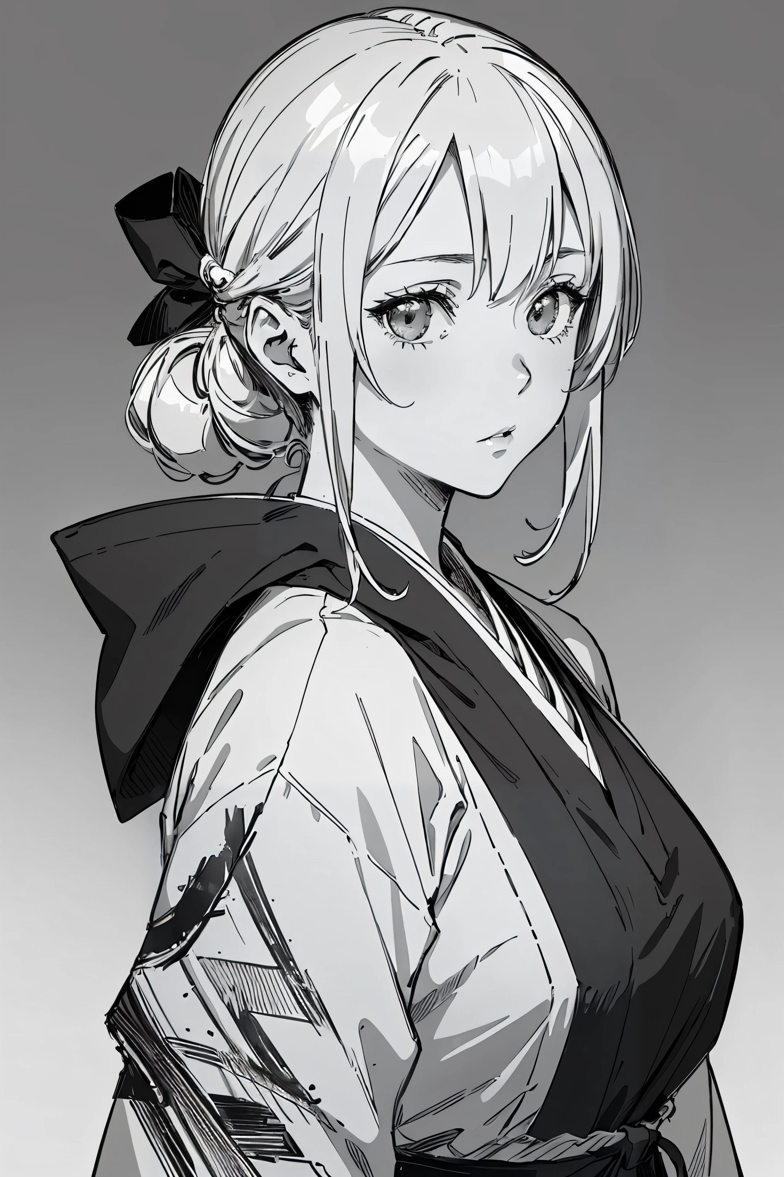 1girl, shinobi, upper body, masterpiece, best quality, top quality, ultra highres, 8k hdr, 8k wallpaper, huge file size, intricate details, sharp focus, realistic, delicate, amazing, CG, finely detailed, beautiful detailed, manga, monochrome, sketch, line, greyscale, simple background),