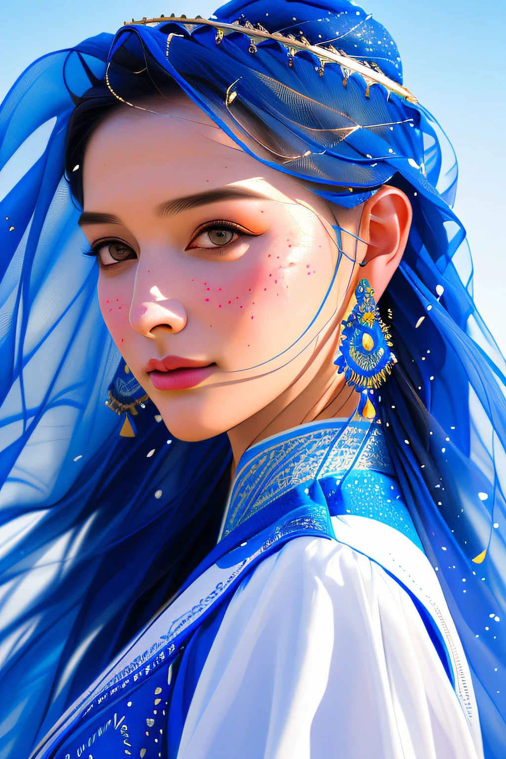 Young traditional dancers from Arab countries, Details and sharp focus on her face, Hyper-detailing, hight resolution, Portrait of William Heinlett, watercolor paiting, Wet and splash technology, Centered, Perfectcomposition, abstraction, surrealism, trending on artstationh, Sharp Focus, studio photo, Intricate details, Highly detailed, By Greg Rutkowski、((Blue Sky Background))