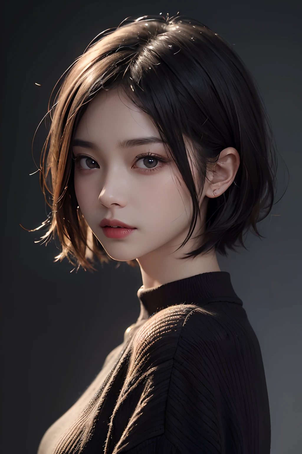 (masuter piece:1.3)、(8k、Photorealsitic、RAW Photography、top-quality: 1.4)、(1girl)、beautiful countenance、(lifelike face)、(A dark-haired、short-hair:1.3)、
Beautiful hairstyle、realisticeyes、Beautiful details、(real looking skin)、Beautiful skins、(Sweaters)、absurderes、enticing、超A high resolution、A hyper-realistic、high-detail、the golden ratio