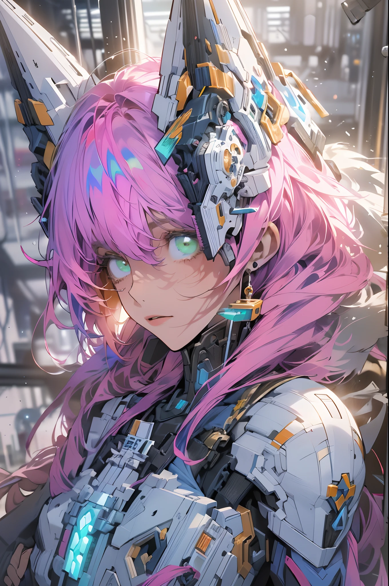 Close-up Shot Shot, cinema shot, 

A beautiful fox mech girl, double tails, Cool, elegant, Pink hair, Blue mecha aura, Green eyes, White mech wings, Detailed blue mech set, Detailed mecha fuselage, Detailed accessories, Super detailed mechanical industry room background, Suggestive pose,

((The light on the face is very strong, Cinematic lighting, voluminetric lighting, Iridescent color lighting reflections, Reflection, beautiful shadows, Head light, The light from the back window is backlighted, Natural light, Ray tracing, Symmetrical, Ray tracing, Post-processing, Global illumination)),

Ultra photo realsisim, photograph realistic, hyper HD, 64k, hdr, Masterpiece, Professional artwork, Professional character design