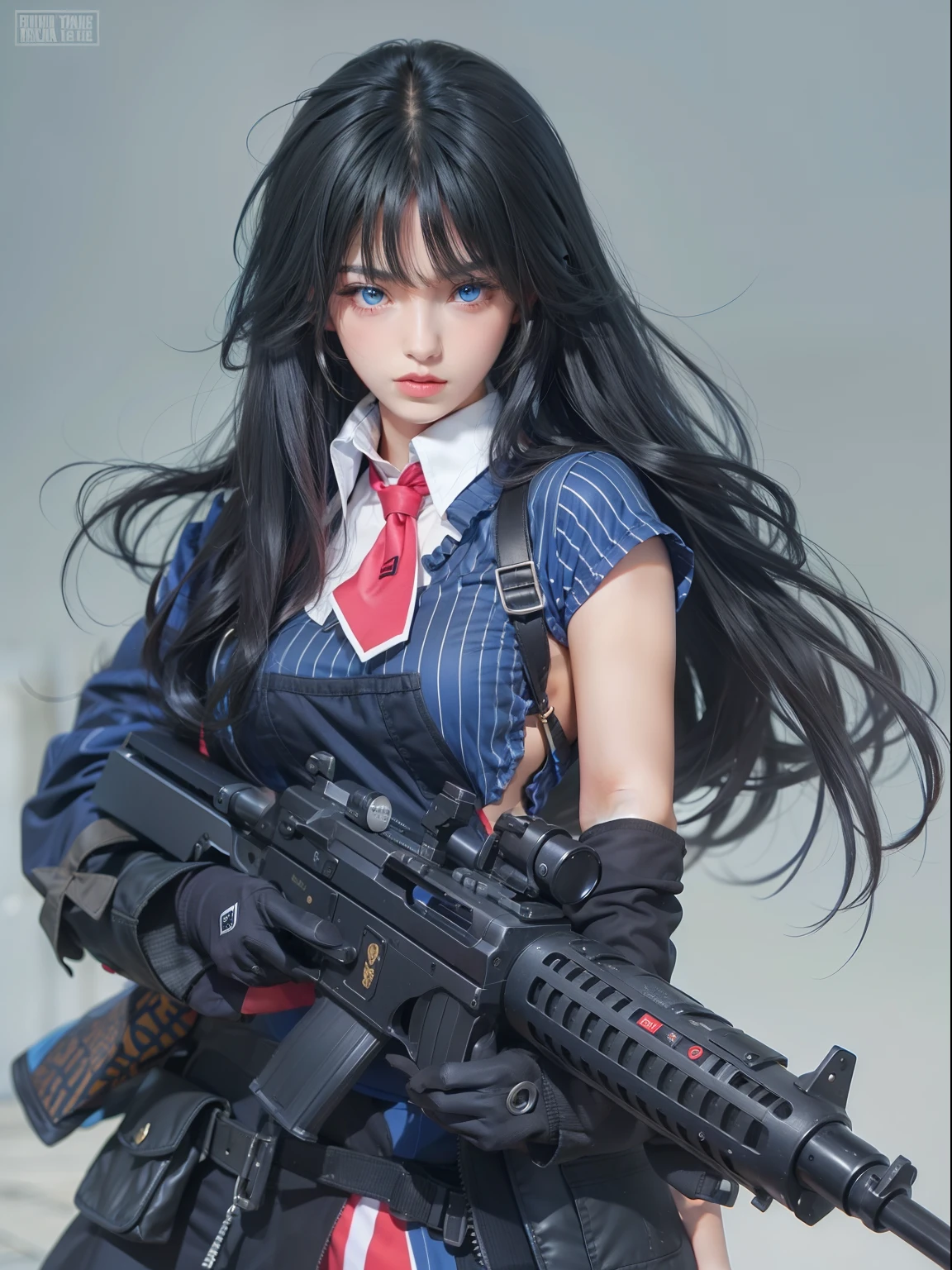 1girl in, Black hair, Long hair, Gun, Blue eyes