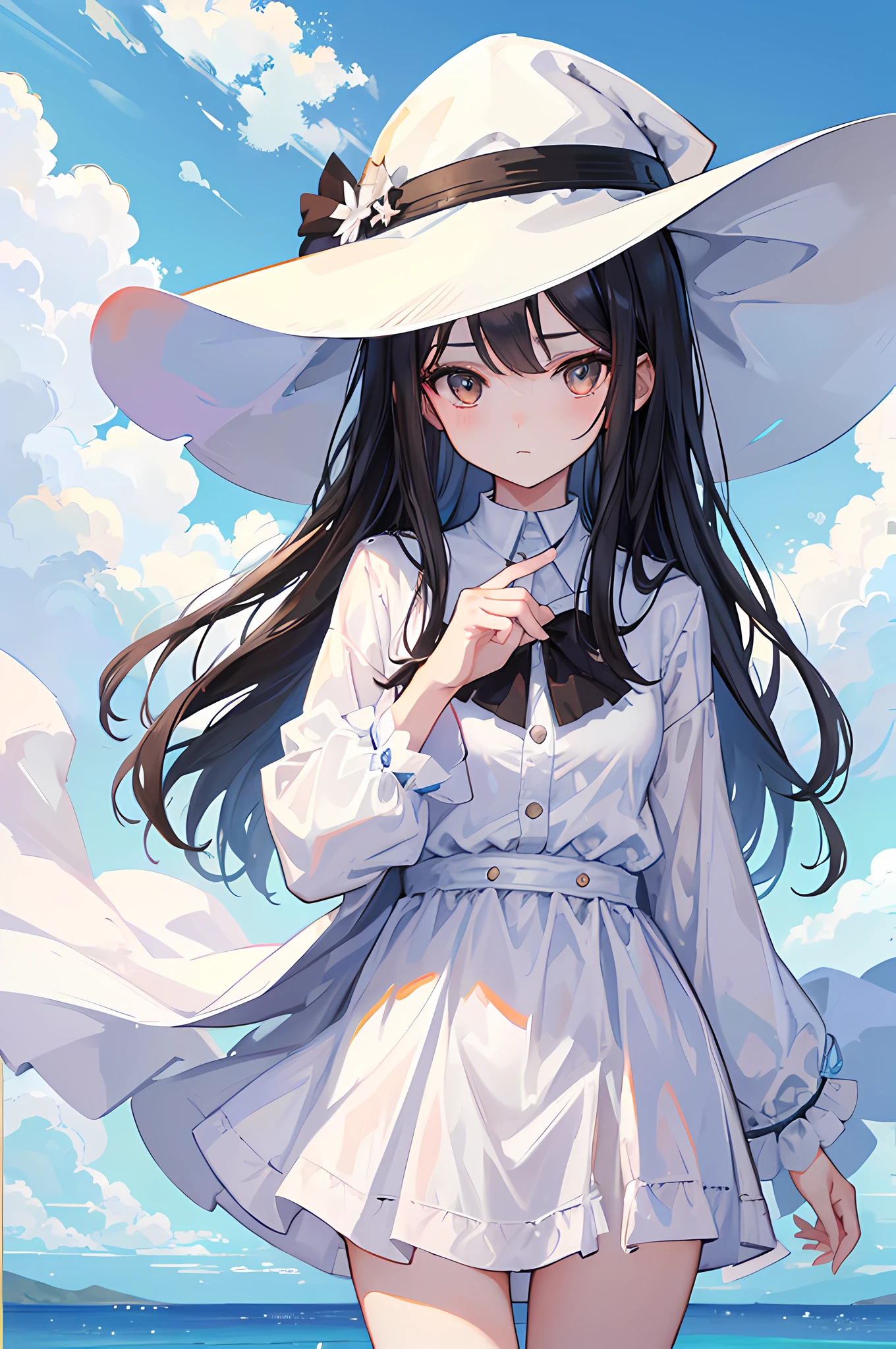 1girl, dark brown eyes, long black hair, shy, wearing white dress, wearing summer hat, sky blue nature background, absurdres, high res, ultrasharp, 8k, masterpiece, looking at viewer, cowboy shot, shining effects, detailed hand, 5 fingers