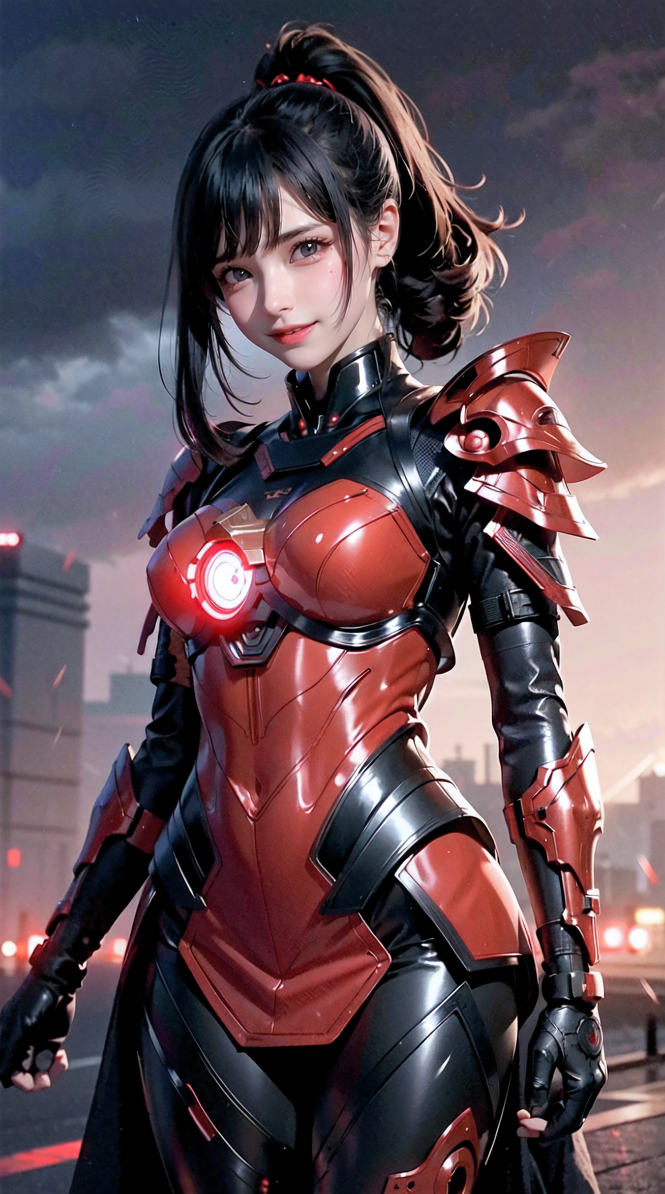 1 Japanese girl, battle armor, Intricate pattern, heavy metal, Energy lines, Faceless, Glowing eyes, elegant, Intense, blood red and black uniform, Solo, modern, City, Streets, Dark clouds, thunderstorm, heavy rain,, Dramatic lighting,, (Masterpiece:1.2), Best quality, high resolution, Beautiful detailed, Extremely detailed, Perfect lighting,
