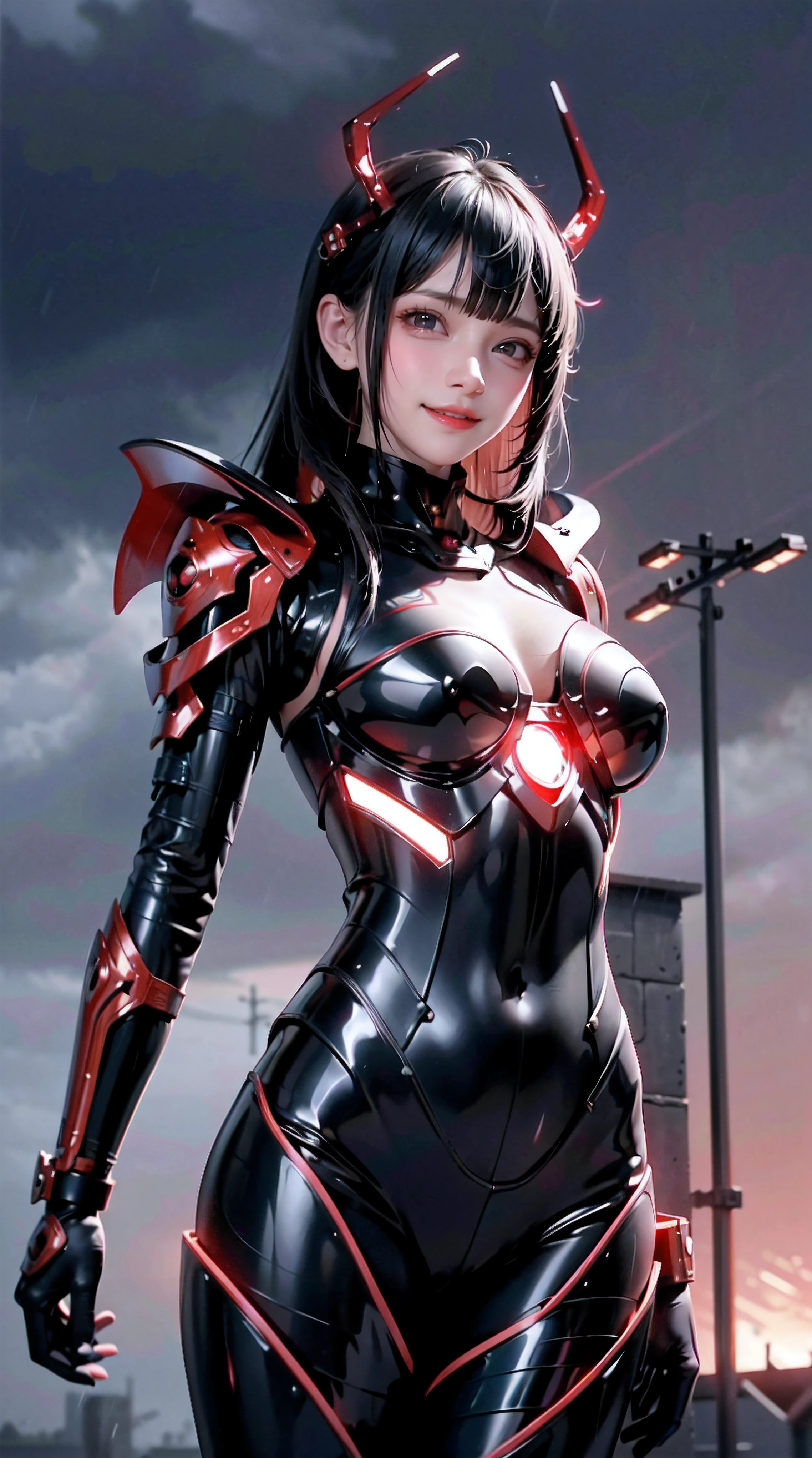 1 Japanese girl, battle armor, Intricate pattern, heavy metal, Energy lines, Faceless, Glowing eyes, elegant, Intense, blood red and black uniform, Solo, modern, City, Streets, Dark clouds, thunderstorm, heavy rain,, Dramatic lighting,, (Masterpiece:1.2), Best quality, high resolution, Beautiful detailed, Extremely detailed, Perfect lighting,
