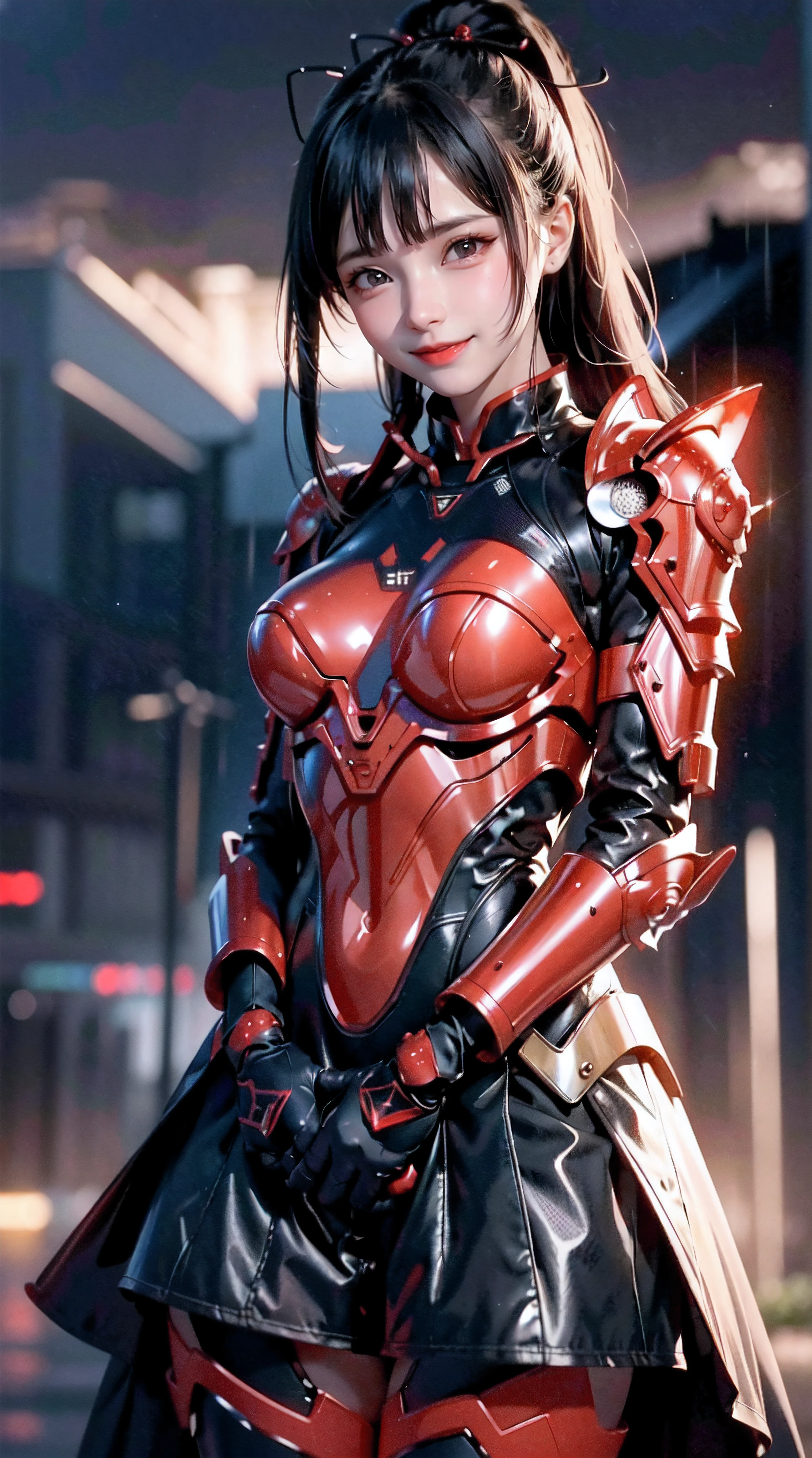 1 Japanese girl, battle armor, Intricate pattern, heavy metal, Energy lines, Faceless, Glowing eyes, elegant, Intense, blood red and black uniform, Solo, modern, City, Streets, Dark clouds, thunderstorm, heavy rain,, Dramatic lighting,, (Masterpiece:1.2), Best quality, high resolution, Beautiful detailed, Extremely detailed, Perfect lighting,