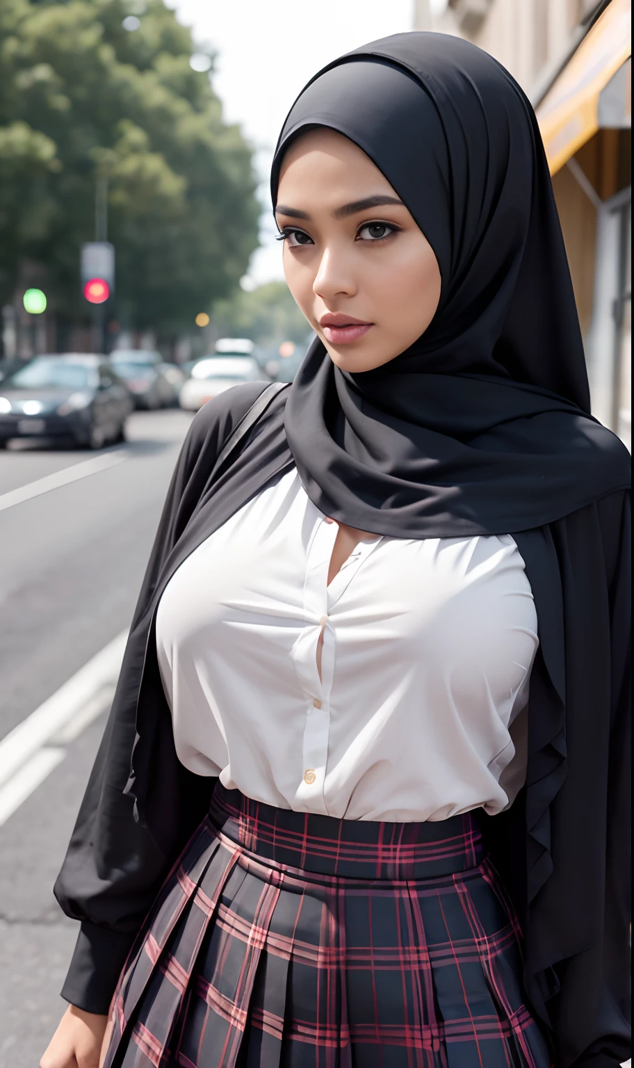 Best quality, high resolution, masterpiece: 1.3), beautiful Malay woman in hijab, big breasts, slim figure, (wet white blouse), (Self-raising gray Tartan pleated skirt: 1.3),(legs spread, thighs in focus), on the street details and facial and skin textures beautifully rendered, eye details, double eyelids, chest great look,Very detailed,On the road,(bokeh)