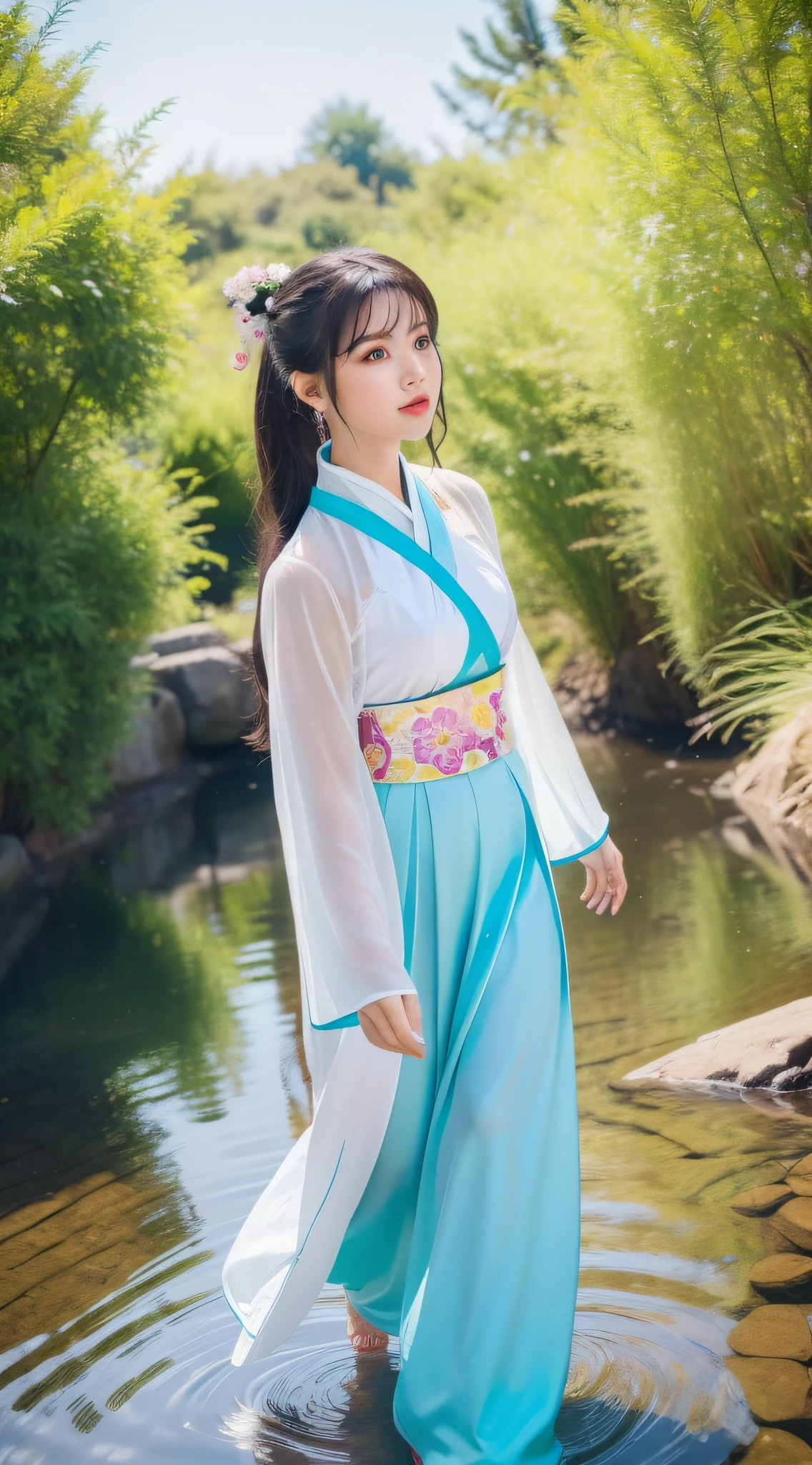 a Super cute girl,Wearing traditional ChineseHanfu,running by the creek, sunny,big wateryeyes,moving eyes,clean bright spring sky background.flowers,dreamy,excited,super cute girl iP by popmart,high detail,hyper quality， Bright color,disneystyle,Pixar style,fine luster，C4D,3D render，ocrender, best quality,8k,bright,front lighting,FaceShot,fine luster, ultra detoiled