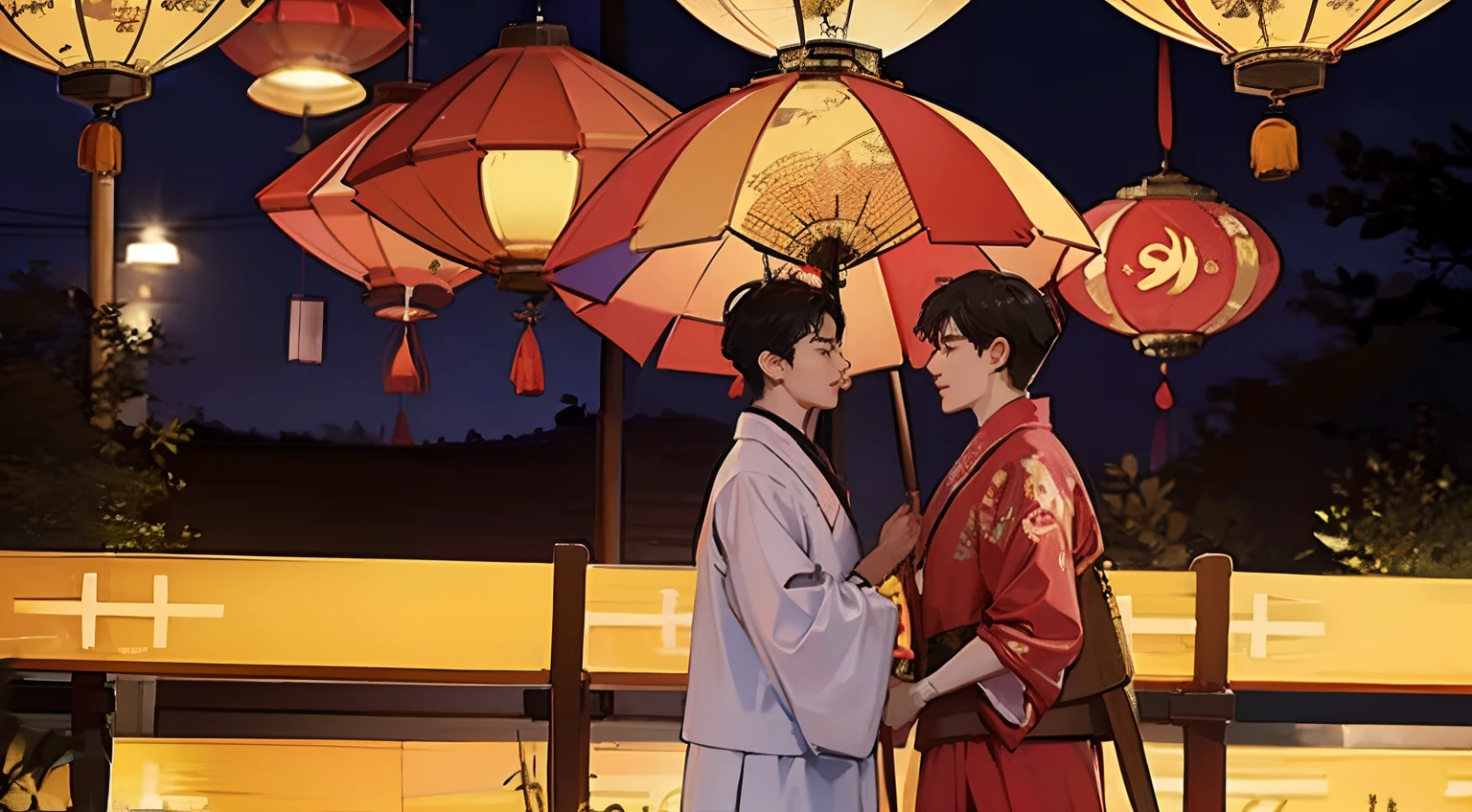 Mid-Autumn Festival,Two Hanfu men march through the street