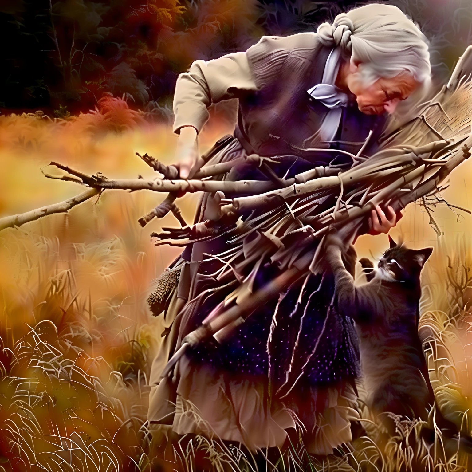An extreme long shot, far from the camera, far away from the viewer, of an old woman with dark grey hair, short hair neatly in a bun, wearing dirty clothes, in the meads is gathering rushes bundling sticks, with a cat, at the end of fall in a large wicker basket, using a wool blanket to help cover the stick bundles under the blanket, wearing an old grey dress white shirt and a fringed grey shall, grey overcast sky, rainy, drizzle, misty fog, swamp, bogs, shrubs  and dead shrub branches sticking out of the ground. 8k resolution extreme long shot, artistic oil painting hyperdetailed