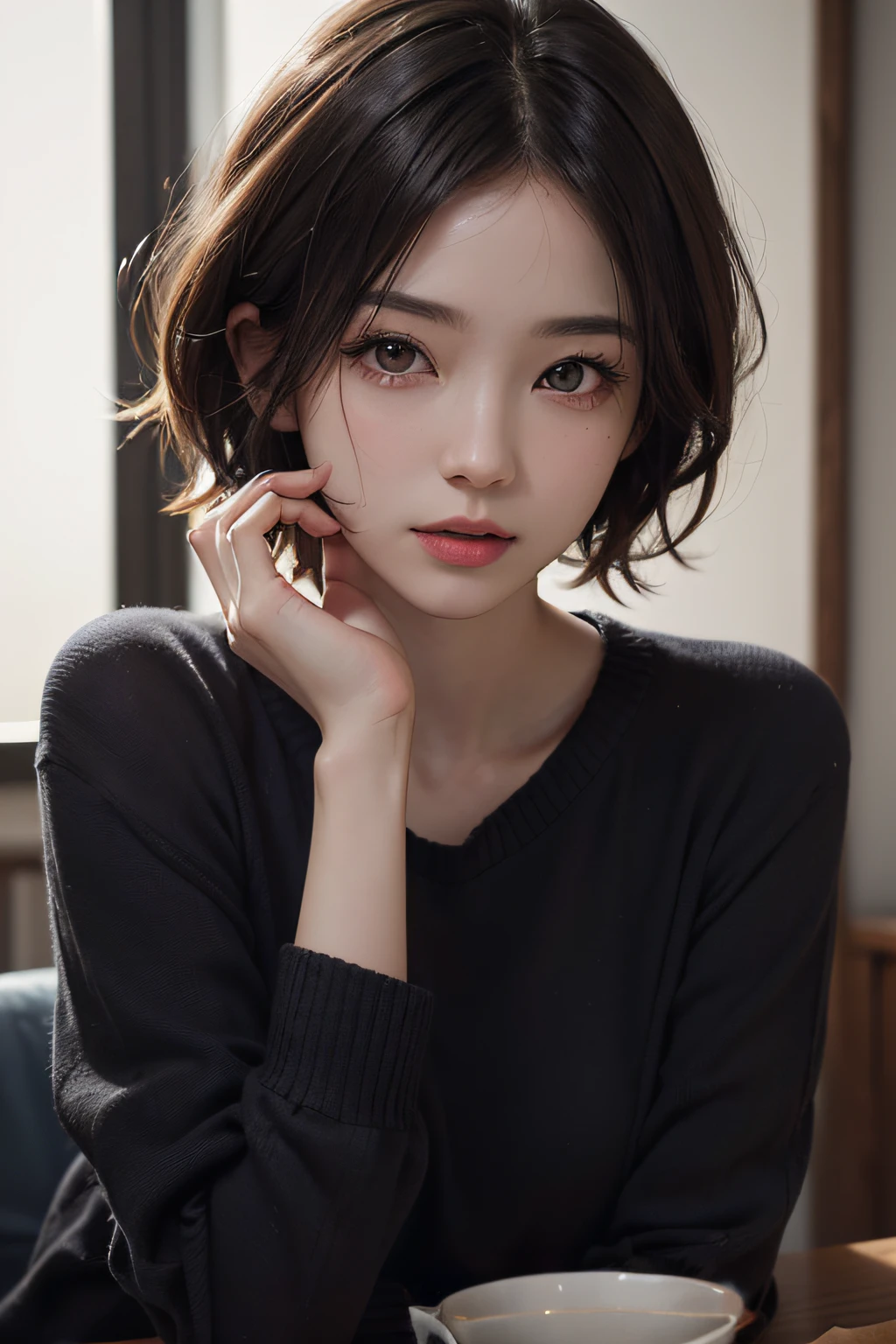 (masterpiece:1.3), (8k, photorealistic, RAW photo, best quality: 1.4), (1girl), beautiful face, (realistic face), (black hair, short hair:1.3), beautiful hairstyle, realistic eyes, beautiful detailed eyes, (realistic skin), beautiful skin, (sweater), absurdres, attractive, ultra high res, ultra realistic, highly detailed, golden ratio