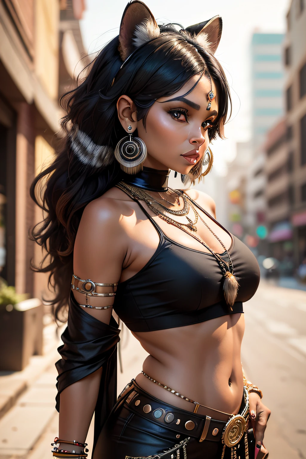 Groovy Indian 40 year old female raccoon face and ears, with human body, 3/4 profile portrait black woman, modern fashionable style. funky wild 2023 accessories. etc. blurry urban background