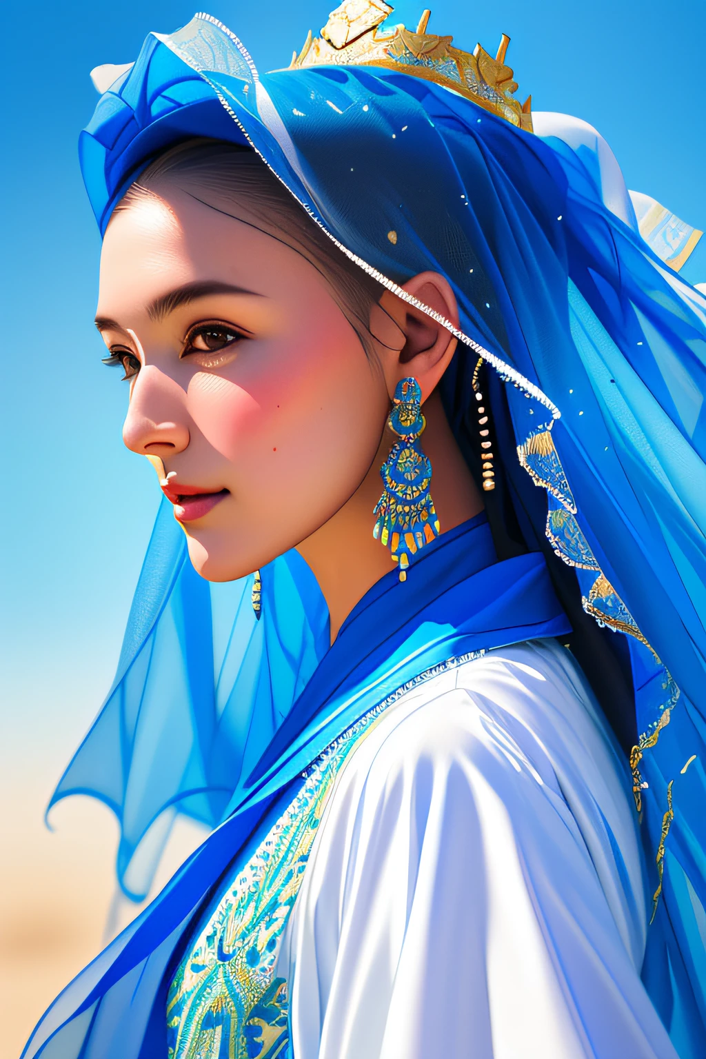 Young traditional dancers from Arab countries, Details and sharp focus on her face, Hyper-detailing, hight resolution, Portrait of William Heinlett, watercolor paiting, Wet and splash technology, Centered, Perfectcomposition, abstraction, surrealism, trending on artstationh, Sharp Focus, studio photo, Intricate details, Highly detailed, By Greg Rutkowski、masterpiece, top-quality, hightquality, hight resolution, ((Blue Sky Background))