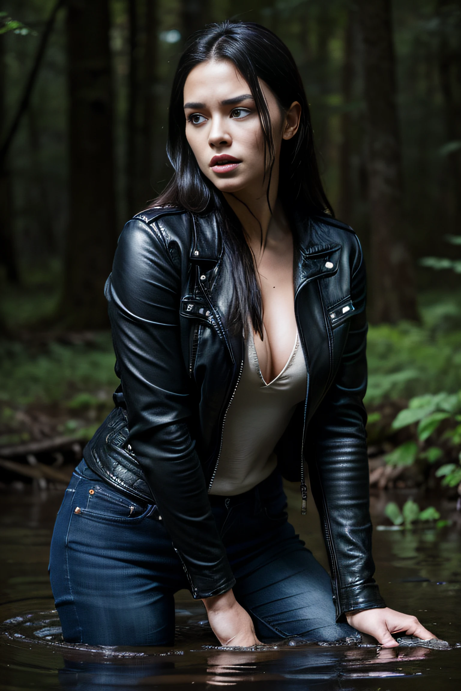 Overnight in the woods, Black Sky. Tormented by lust, Virgin woman in jeans and leather jacket drowning in swamp. Meanders, standingn. The face expresses powerlessness, when the swamp pulls him down; secretly straightens her hair, (Adrenaline and helplessness on the face:1.3)