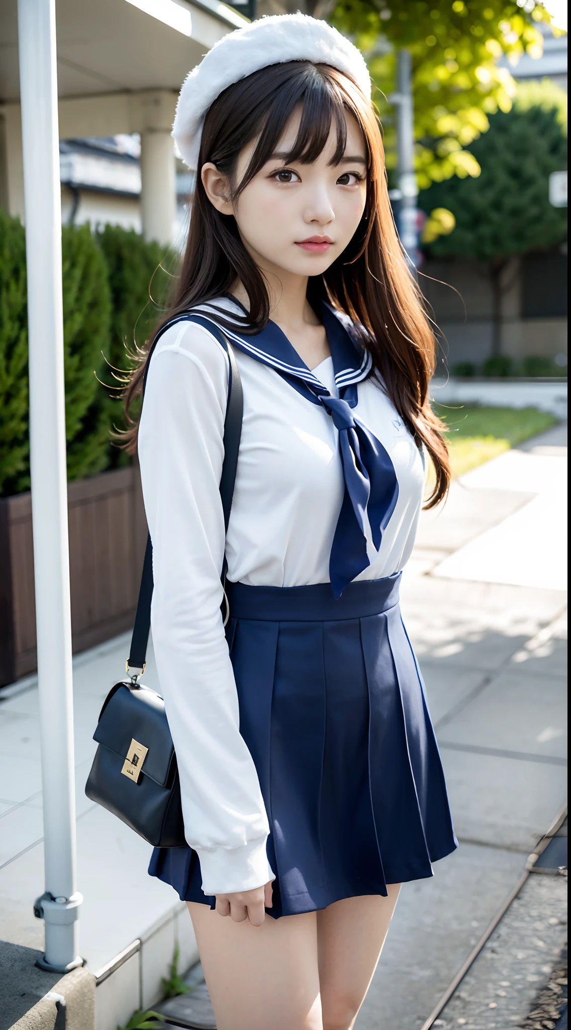 mix4, (16 K, Raw photography, Top image quality, masterpiece: 1.45), (realisitic, Photorealsitic: 1.37), one girls, 7.5, etc、Random hairstyle、Standing figure,Daytime、a very cute,Station platform,, profetional lighting, photon maping、physically-based renderingt, Gradient dark brown hair,Crisp backgrounds and high resolution, a handsome, Well-groomed and beautiful eyes、Large double eyelids、Very shiny、girl with, (((student clothes、Winter clothes、Sailor suit worn by Japan girl、Navy blue sailor color、scarf、a miniskirt, Small beret、high socks、lowfers、Frugal bag))), Top Quality Photos, hight resolution, 1080p, (clearface), (Detailed face description), (Detailed hand description), (masterpiece), (Exquisite CG)、extreme light and shadows、dishevled hair、master work、abundant detail、(Fine facial features)、(top quality photo)、(masuter piece)、(A detailed eye)、Look in front of you、Fine clavicle、((Slender big))、(((Japan schooln sailor suit)))、((Idle system))、((Station platform、wicket、railroad crossing))、(((neat and cute)))、耳Nipple Ring、A big smile、Drawing the whole body from the knees、Do not draw nasolabial folds、(((Long sleeve sailor suit)))、(Big breasts that hang down big:1.2)、Big buttocks with tension、Two arms and two legs、(((from the front side:0.3)))、bare hand、No mask、No skin exposure