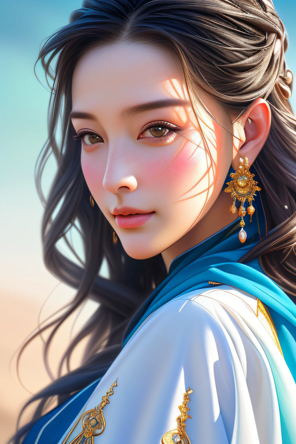 Young traditional dancers of Arab countries, Details and sharp focus on her face, Hyper-detailing, hight resolution, Portrait of William Heinlets, watercolor paiting, Wet and splash technology, Centered, Perfectcomposition, abstraction, surrealism, trending on artstationh, Sharp Focus, studio photo, Intricate details, Highly detailed, By Greg Rutkowski、​masterpiece, top-quality, hightquality, hight resolution, beautiful countenance、(lifelike face)、realisticeyes、beatiful detailed eyes、real looking skin、Beautiful skins、A hyper-realistic、ighly detailed、the golden ratio、Blue sky background
