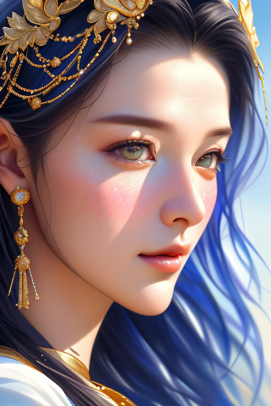 Young traditional dancers of Arab countries, Details and sharp focus on her face, Hyper-detailing, hight resolution, Portrait of William Heinlets, watercolor paiting, Wet and splash technology, Centered, Perfectcomposition, abstraction, surrealism, trending on artstationh, Sharp Focus, studio photo, Intricate details, Highly detailed, By Greg Rutkowski、​masterpiece, top-quality, hightquality, hight resolution, beautiful countenance、(lifelike face)、realisticeyes、beatiful detailed eyes、real looking skin、Beautiful skins、A hyper-realistic、ighly detailed、the golden ratio、Blue sky background