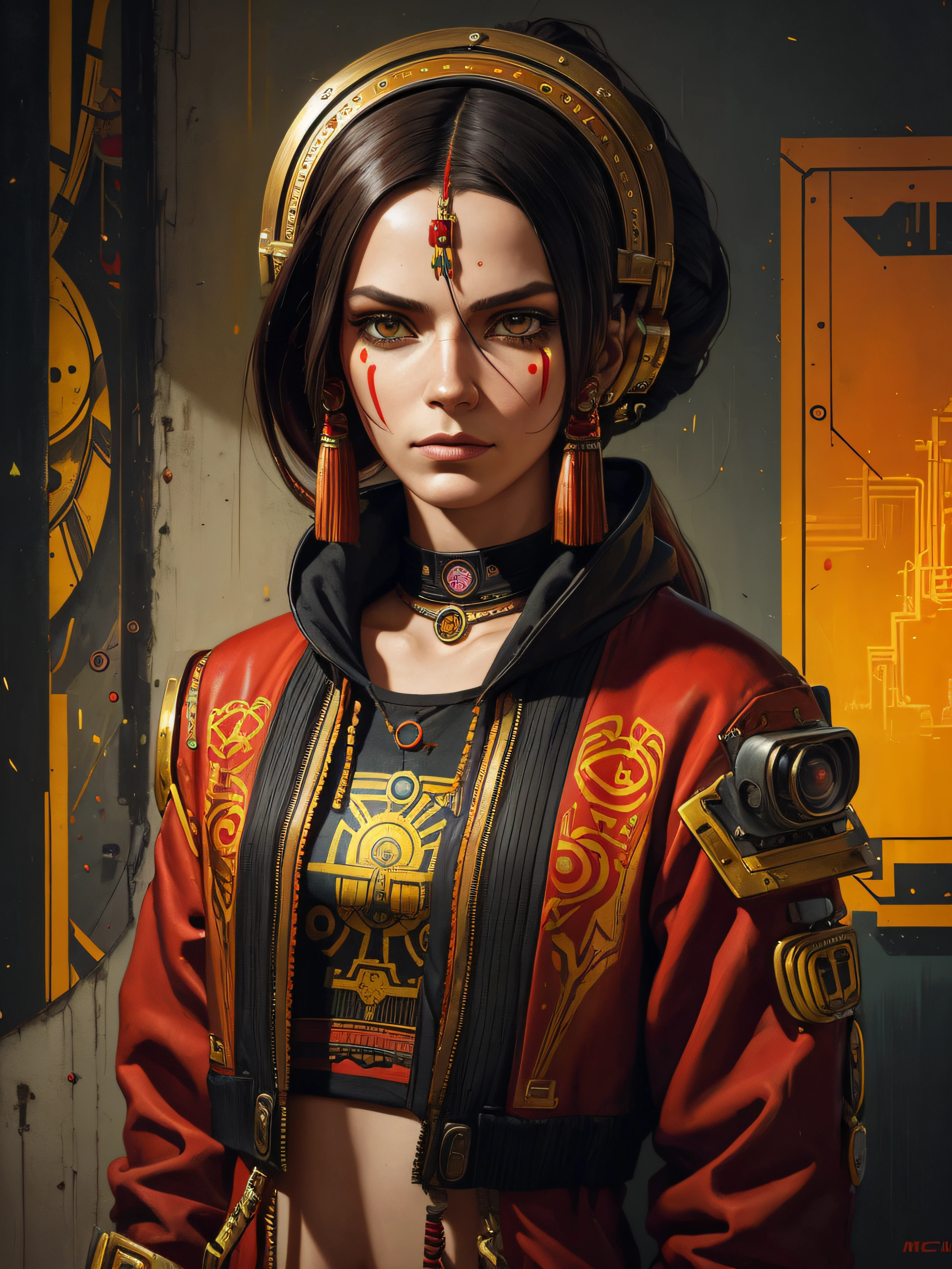 In the style of cyberpunk futurism, Inca influence, etam cru, RED and gold, michael creese, steelpunk, michael hussar, Inca wall backgrond