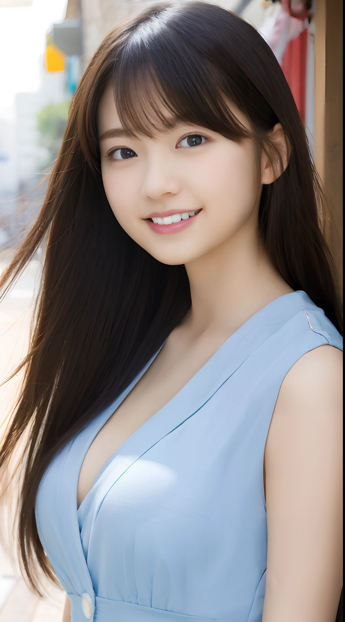 ultra-detailliert、ighly detailed、masterpiece、top-quality、top-quality、absurderes、Hi-Res、Subsurface scattering、(1girl in:1.2)、(Solo:1.2)、(The cutest high school girl in the world:1.3)、bangss、(Smiling smile:1.0)、eye reflections、A detailed eye、perfect eyes、rendered eyes、(looking looking at viewer:1.2)、Dynamic angles、Dynamic Poses、phone、full body Esbian、(Detailed skin:1.1)、skin pore、shinny skin、shinny skin、(dent in the skin: 1.2)、breastsout、Hair flow、夏天、during daytime、outside of house、城市、Walkway、alleyway、(sign:0.9)、(Eau:0.9)、(a plant:0.9)、(detailedbackground:1.2)、(the complex background:1.2)