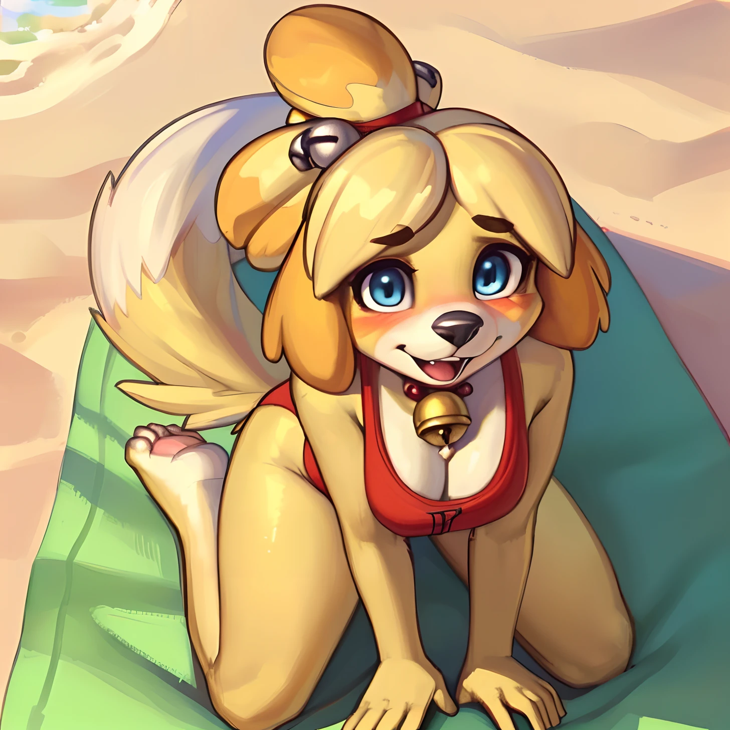 [isaCrossing], [Isabelle; Animal Crossing], [Uploaded to e621.net; (Pixelsketcher), (wamudraws)], ((masterpiece)), ((solo portrait)), ((front view)), ((feet visible)), ((furry; anthro)), ((detailed fur)), ((detailed shading)), ((beautiful render art)), {anthro; (yellow fur, black nose), small brown eyebrows, cute surprised blue eyes, excited smile, mouth open, (blushing), blonde hair, (bells in hair), topknot, fluffy tail, (beautiful feet)}, {(red ribbon), small boobs, (one-piece swimsuit)}, {(on beach towel), (on knees), (all fours), (looking at viewer)}, [background; (beach), (beautiful ocean), (blue sky), (sun rays)]