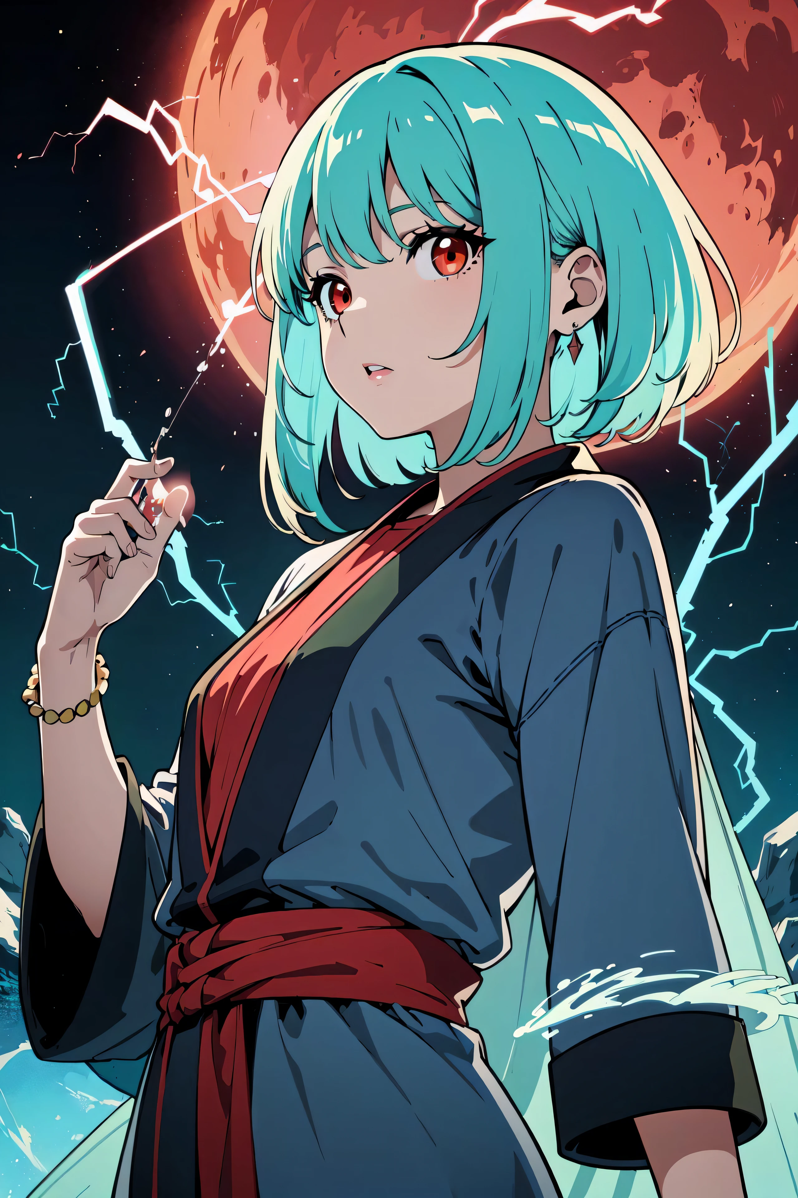 (flat color:1.3),(colorful:1.3),(masterpiece:1.2), best quality, original, extremely detailed wallpaper, looking at viewer, upperbody shot of a girl infused with lightning, fully clothed with blue long robe, highly detailed, extremely detailed, red eyes, electric, red moon, Rays of Shimmering Light, Cinematic Lighting, Matte, Stone, Milky Quartz, Opalite, Jewelry, Silk, Feathers, Water splash, Fog, Electric, Electricity, sparks, lensflare, rim lighting, backlighting, Bracelet, Chromatic Aberration, RTX, Post Processing