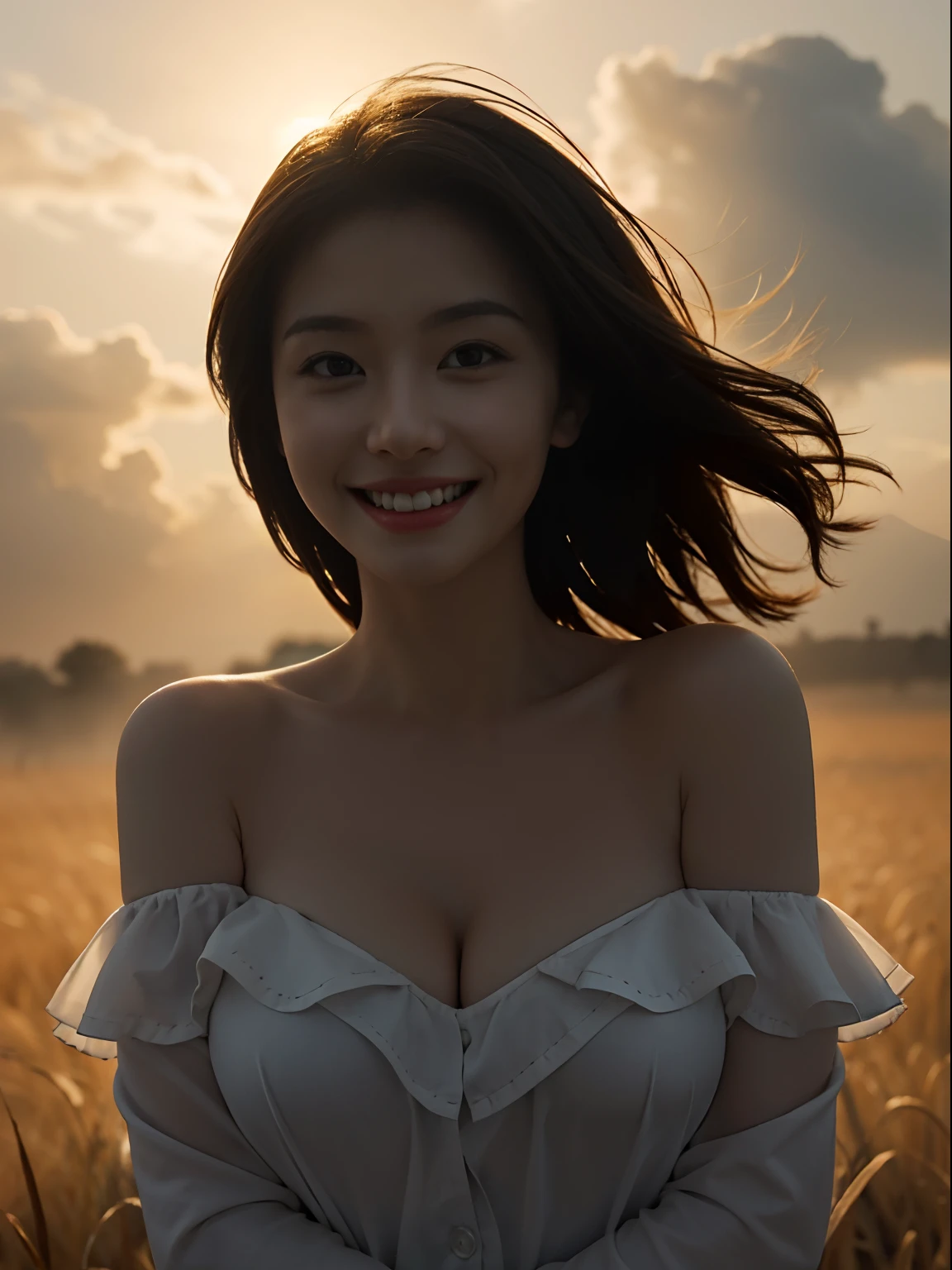 tmasterpiece,best qualtiy,cinematic Film still from,1 Smiling girl,Half of the body floats in the clouds,big breast,closeup cleavage,brightly,cheerfulness,Warm and soft lighting,the sunset,medium shot,