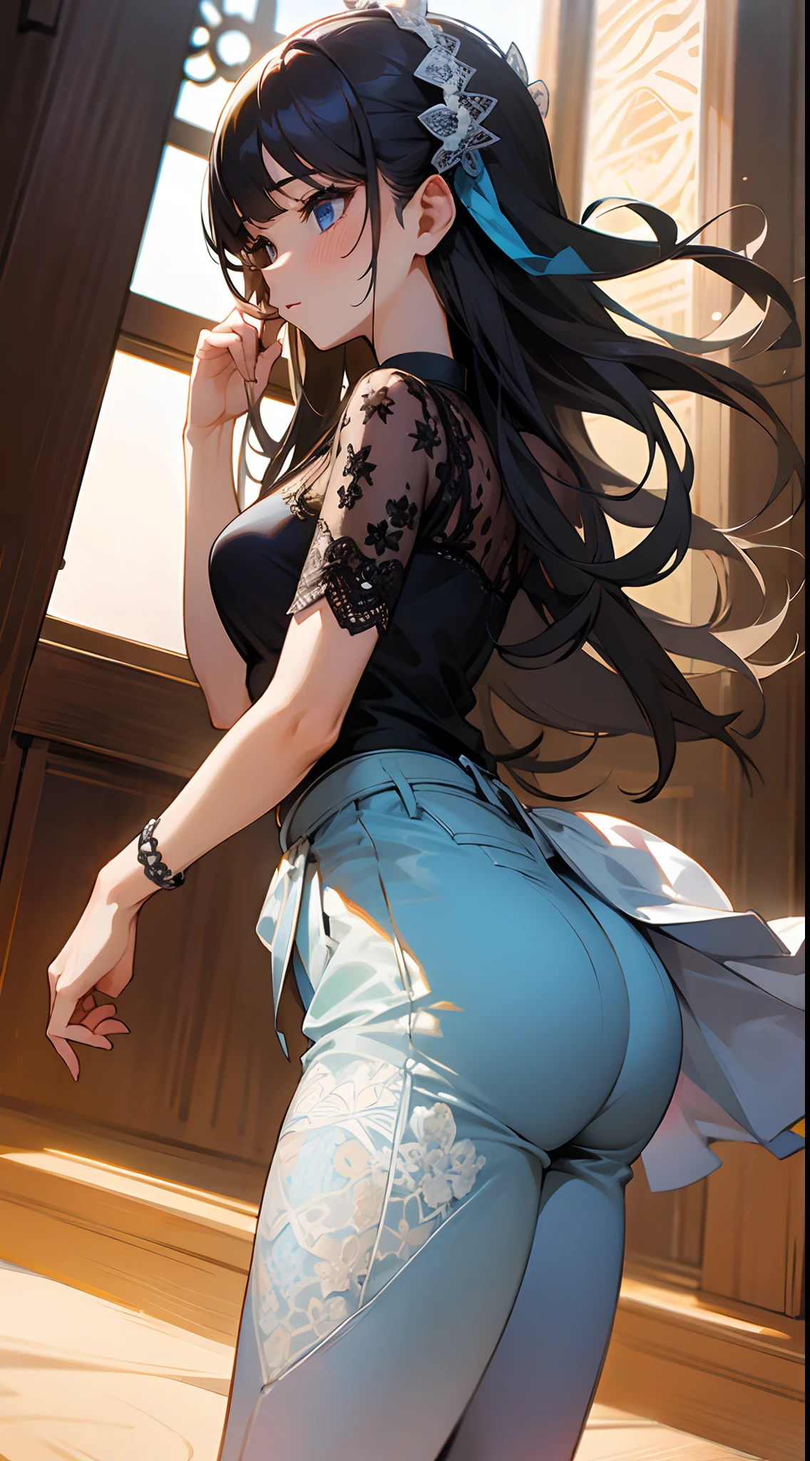 1womanl,dark brown hair,Long Wave Hair、a 20 yo woman、((Impatient expression)),Beautiful Medium Big、Light beige off-the-shoulder knit,Black Mini Flared Skirt,well-styled,,(Facing the front、Cute expression with a shy smile)(((embarassed expression)),(((The skirt is rolled up by the wind)))、((facing back))、((buttocks visible))、((Pink lace panties))