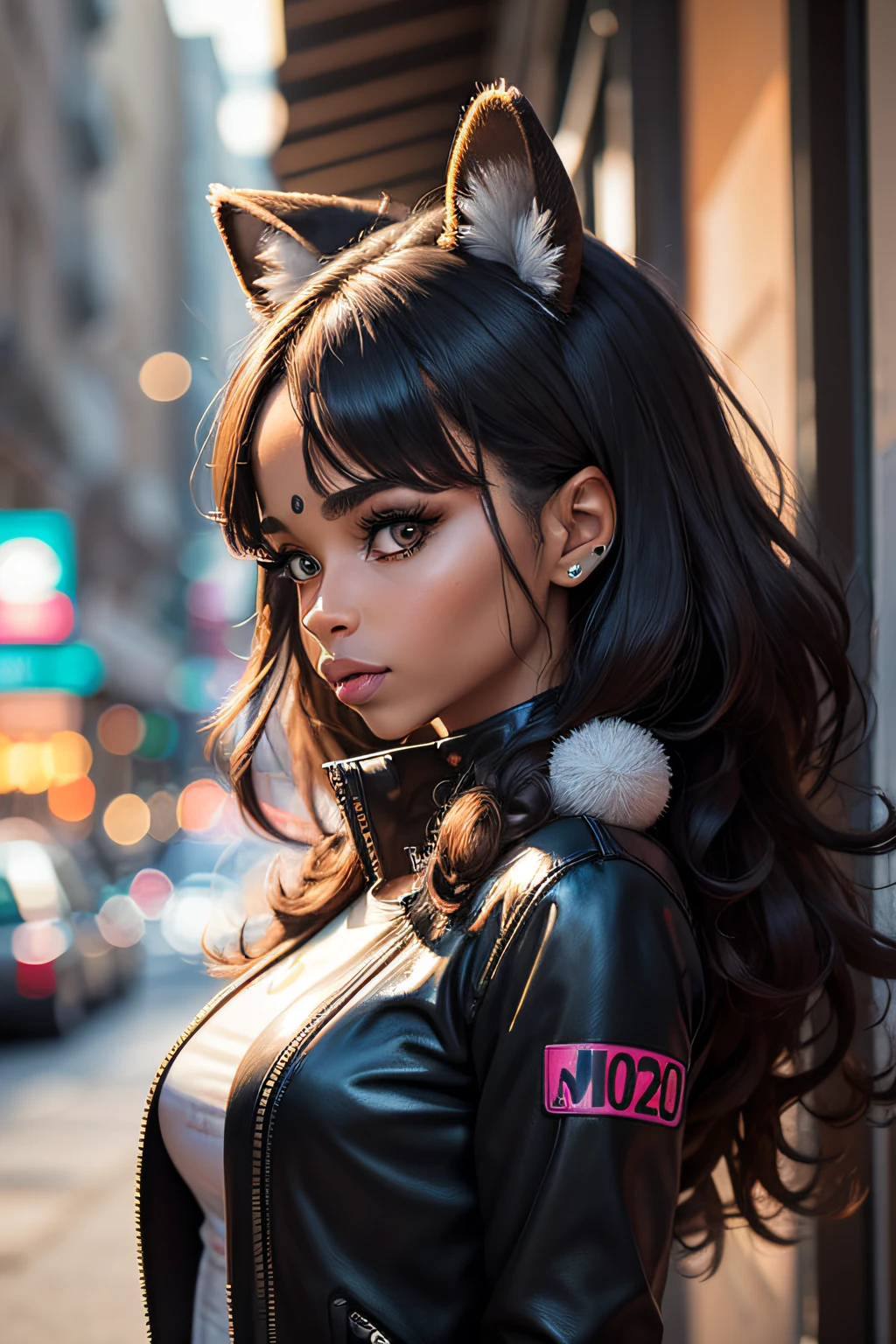 Groovy Italian 40 year old female raccoon face and ears, with human body, 3/4 profile portrait black woman, modern fashionable style. funky wild 2023 accessories. etc. blurry urban background
