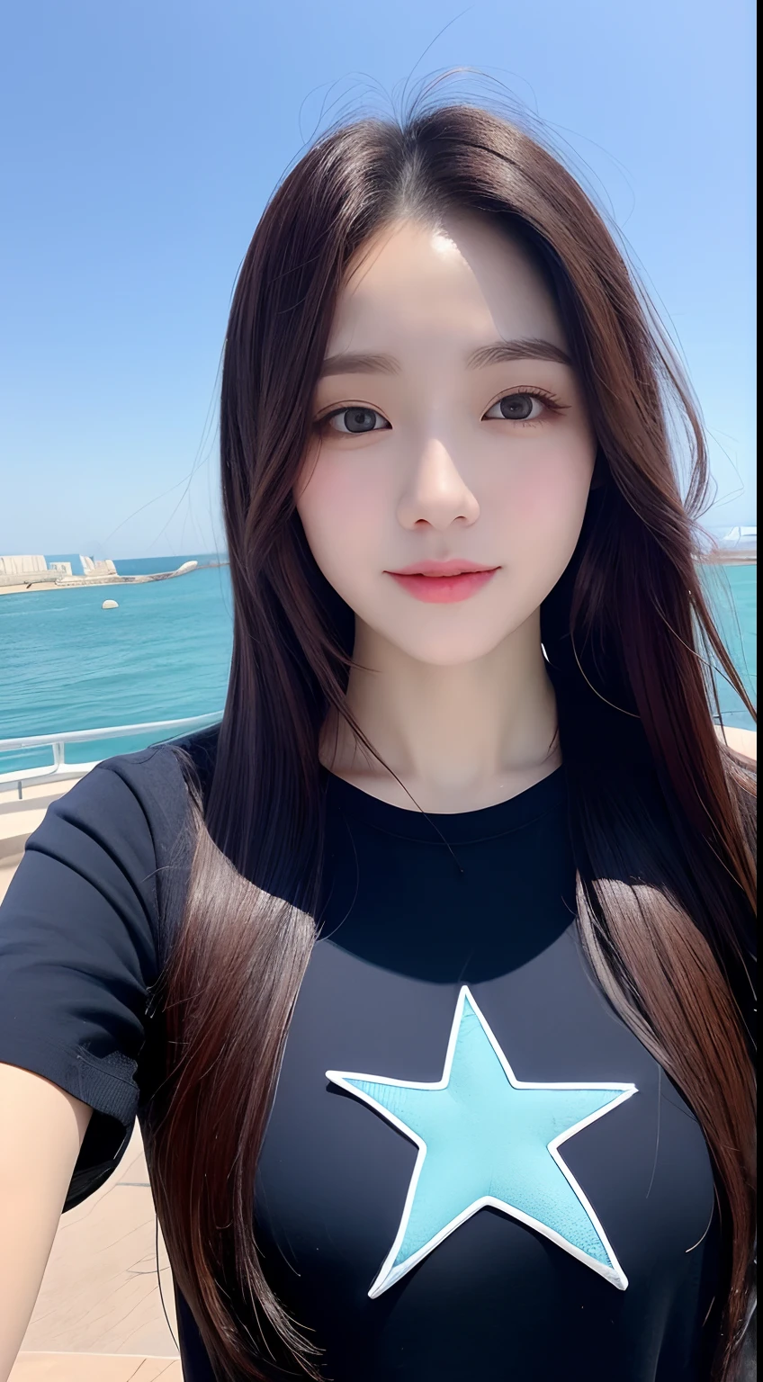 Realistic photos of (1 cute Korean star) straight hair, 32 inch breasts size, wearing t-shirt, on the rooftop, sea is backdrop, selfie, close-up portrait, UHD