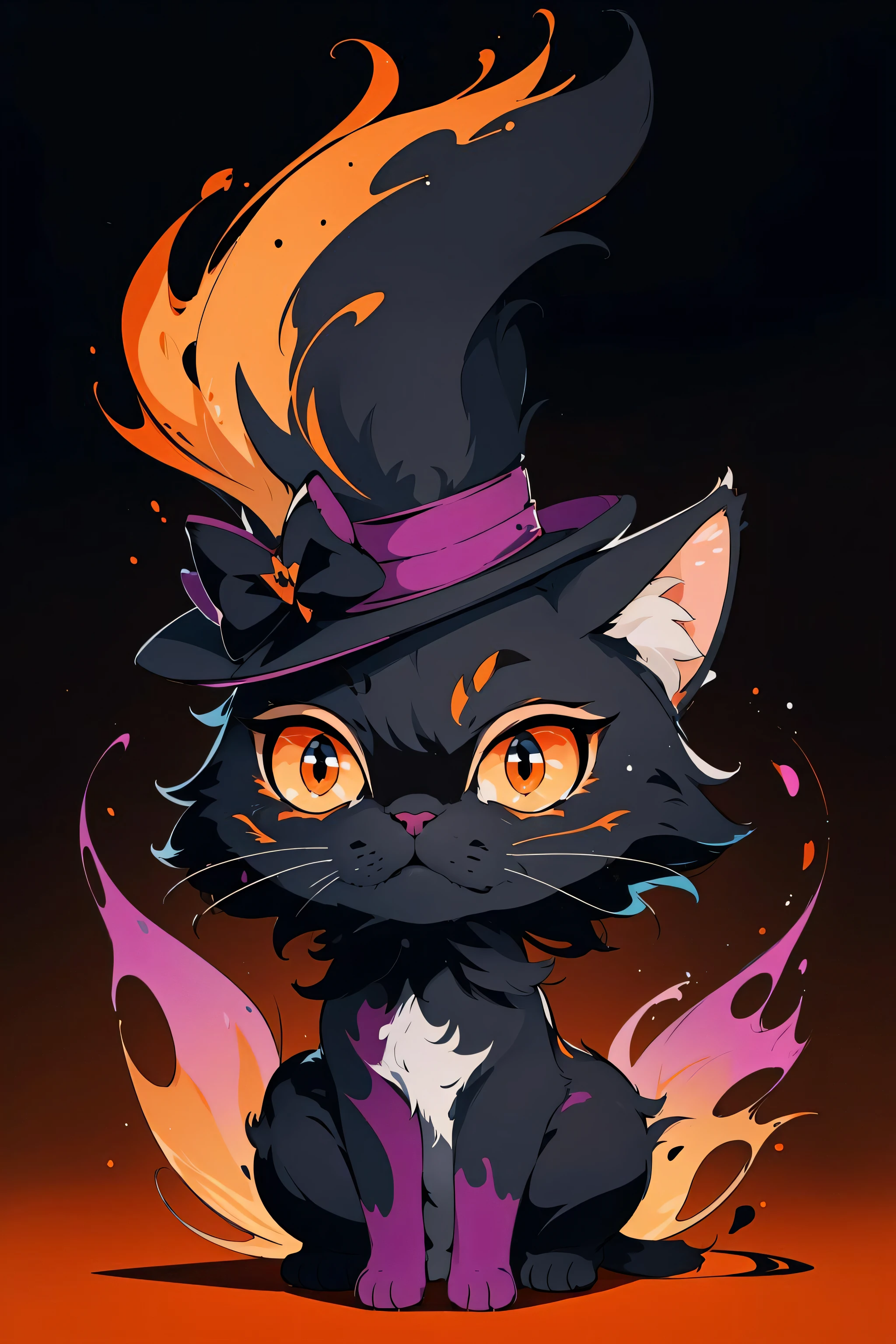 masterpiece, best quality, ultra high res, a cute cat, animal, beautiful, visually stunning, elegant, incredible details, award-winning painting, high contrast, vector art, line art, splatter, flat color, color merge gradient, (kitten:0.7), (dark orange theme:1.2), glowing, neon, (fluffy:1.2), top hat, cat eyes, serious, violet, (no humans:1.4)