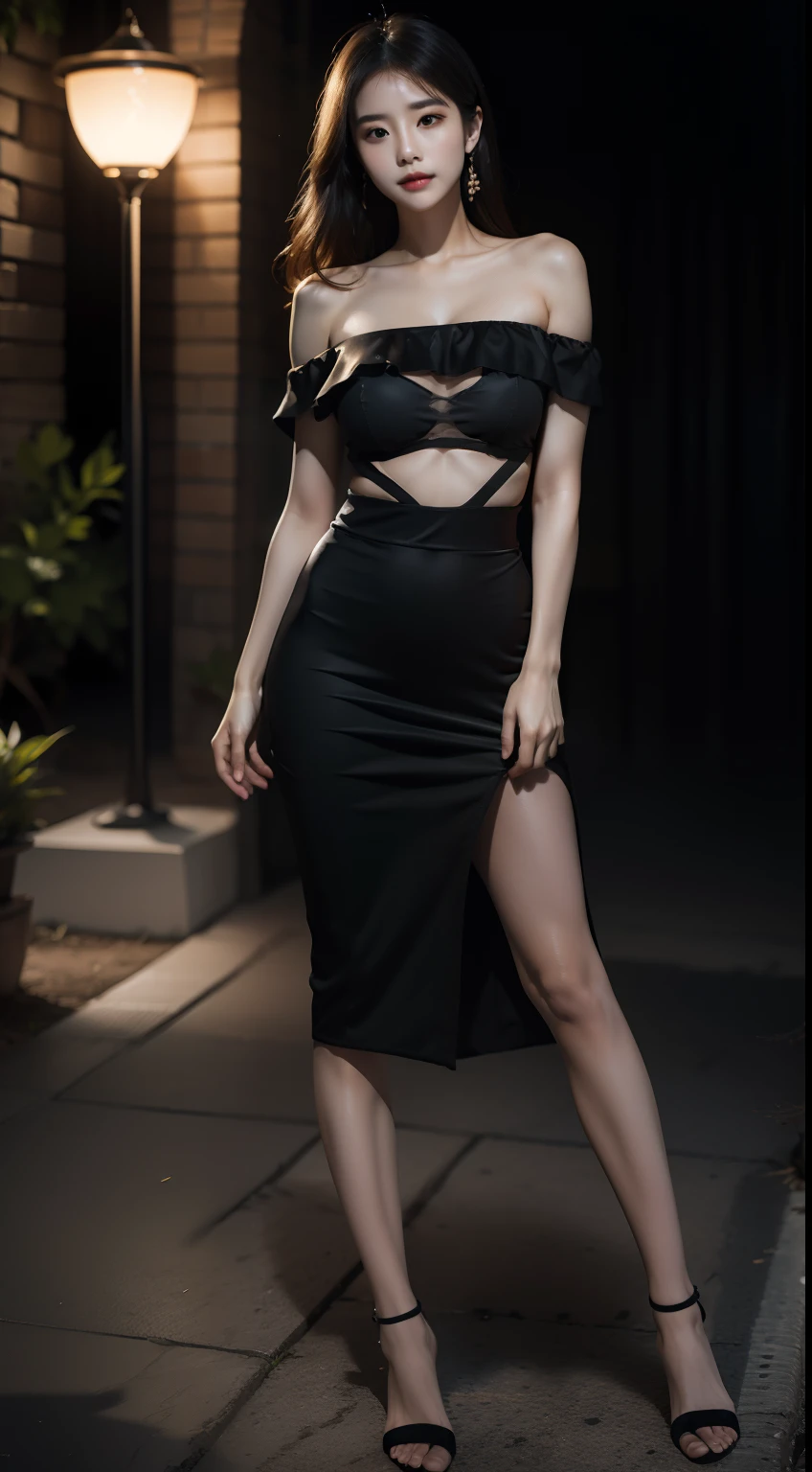 (Masterpiece:1.2), (Best Quality), (Full body like:1.3) ,(The ultra-detailliert), (8K, intrikate), (Lens 135mm,F1.8), (Photorealistic)(Black background:1.3), portrait photos,(Cropped shoulders),During a walk,side lights,The edges light up.,best shadows,Area Light Source,perfect anatomia,perfect face shape,Suitable for women,First-class female body,Trim skin texture,Fine cloth pattern,Meticulous beauty,Delicate and delicate skin,highlydetailed skin,paleskin,delicate hair,wlop glossy skin,(dynamicposes),